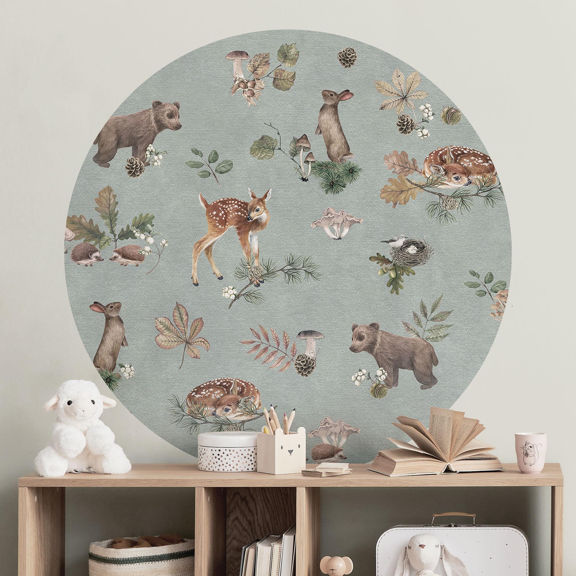 Wallsticker fawn og skovens venner - dyr til børn - blå - Kikki Belle - Rund