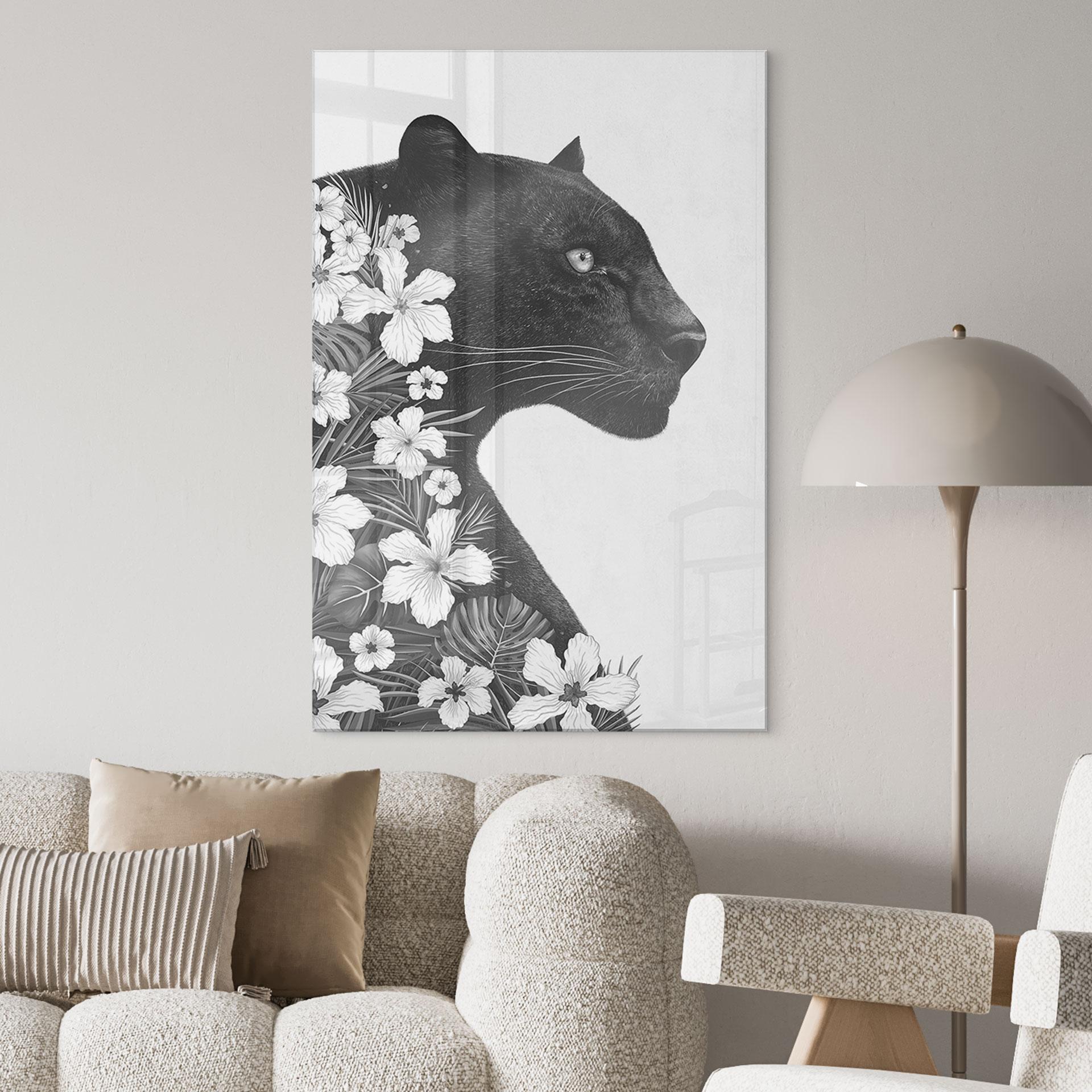 Akrylbillede Sort panter med hvide blomster - Korenkova