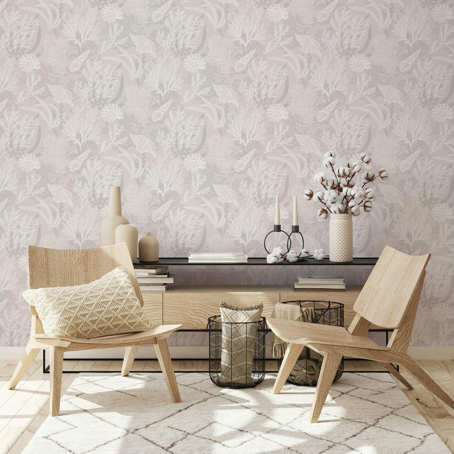 Non-woven tapet i hvid, beige skaller under vandet grafisk natur