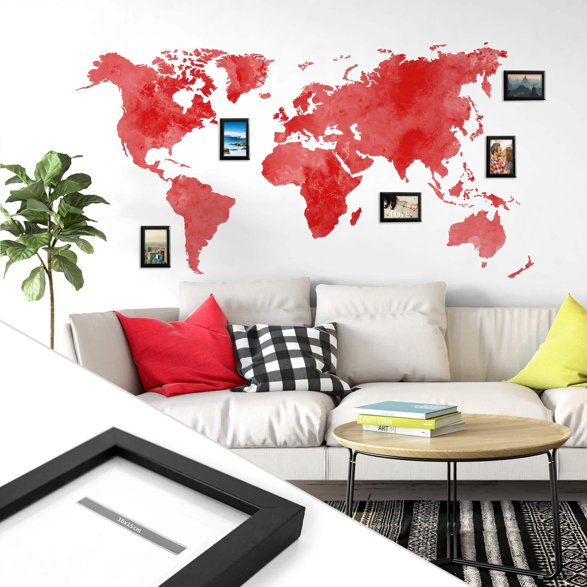 Sticker mural Mappemonde (Rouge) + 5 cadres photo