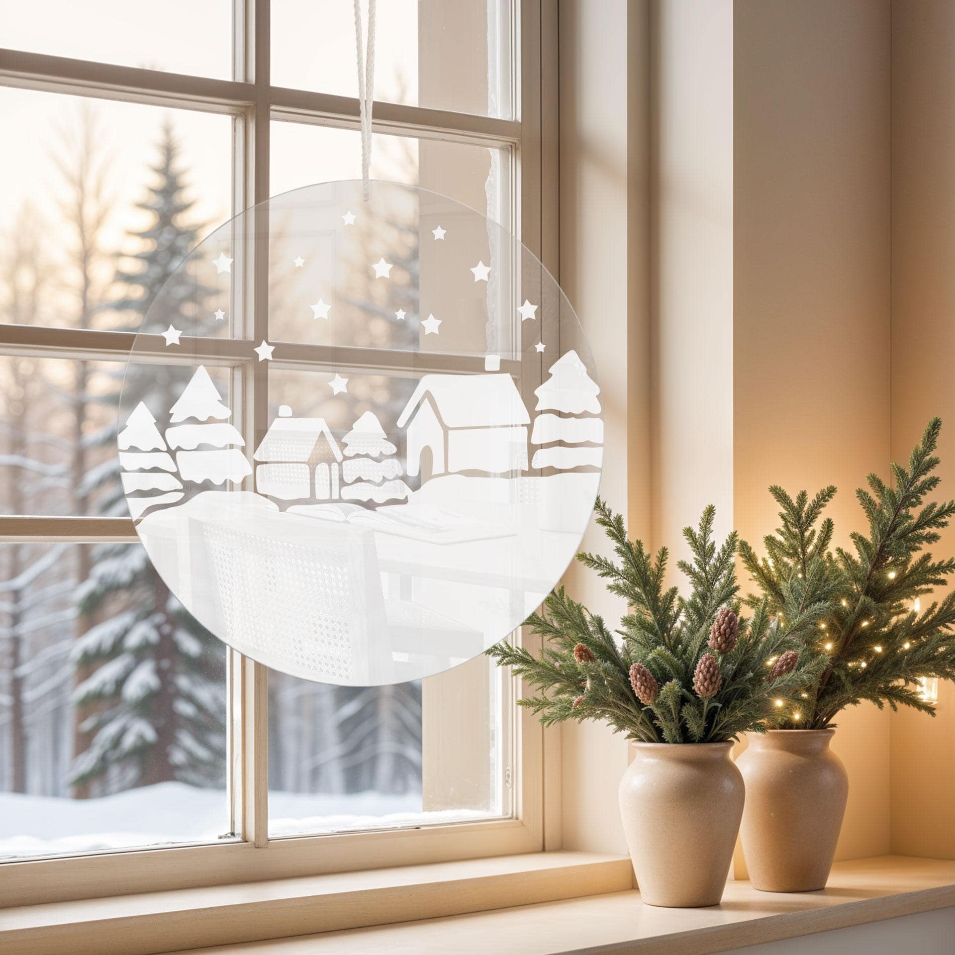 Akrylbillede, vinduesbillede til at hænge Julelandskab - rund