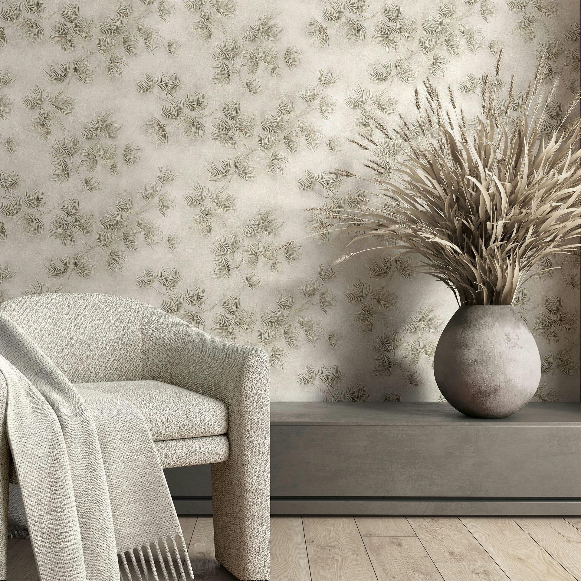 Ikke-vævet tapet blomster, beton blomster natur mat i beige