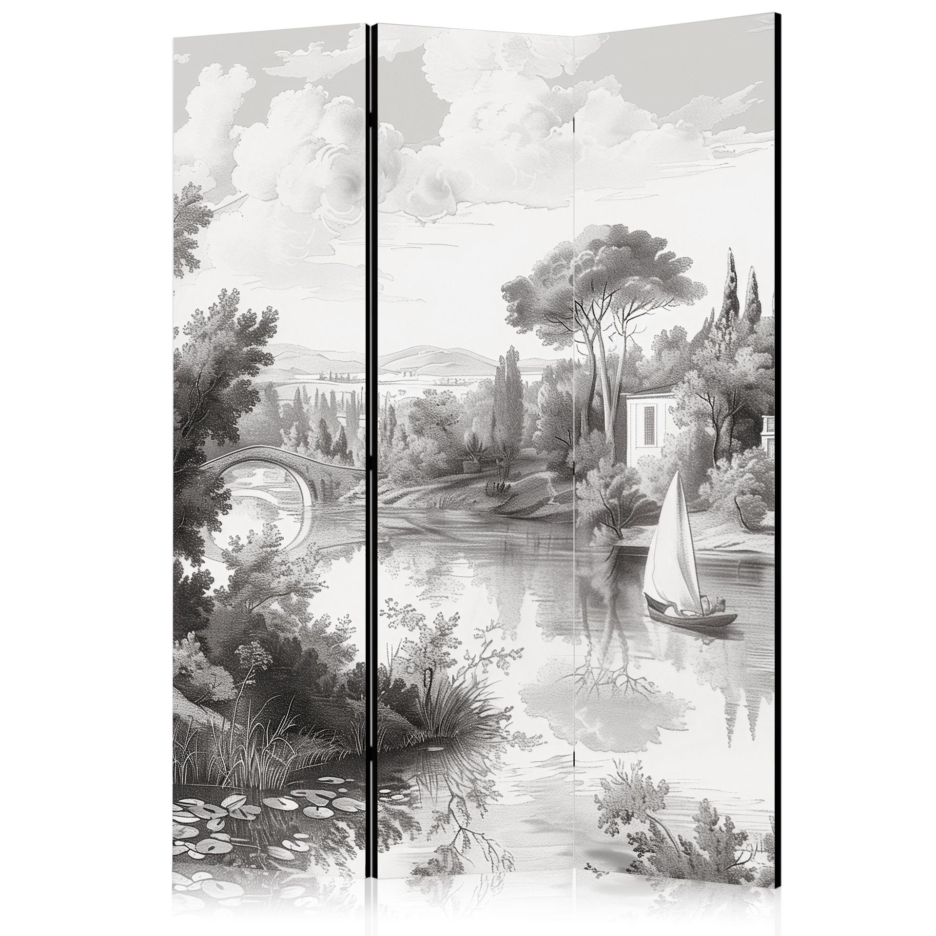 Paravent, Raumteiler freistehend, Trennwand - Black and White Vintage Landscape: Pond with Boat