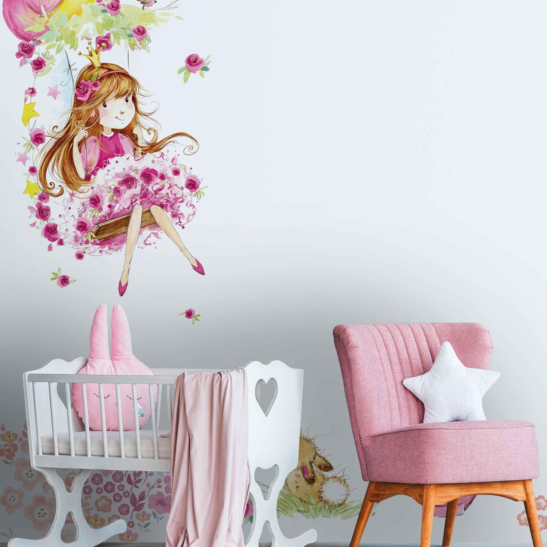 Fototapet til børneværelset SwingPrincess hvid pink - non-woven tapet Designwalls 2 - 2,55 x 3,5 m