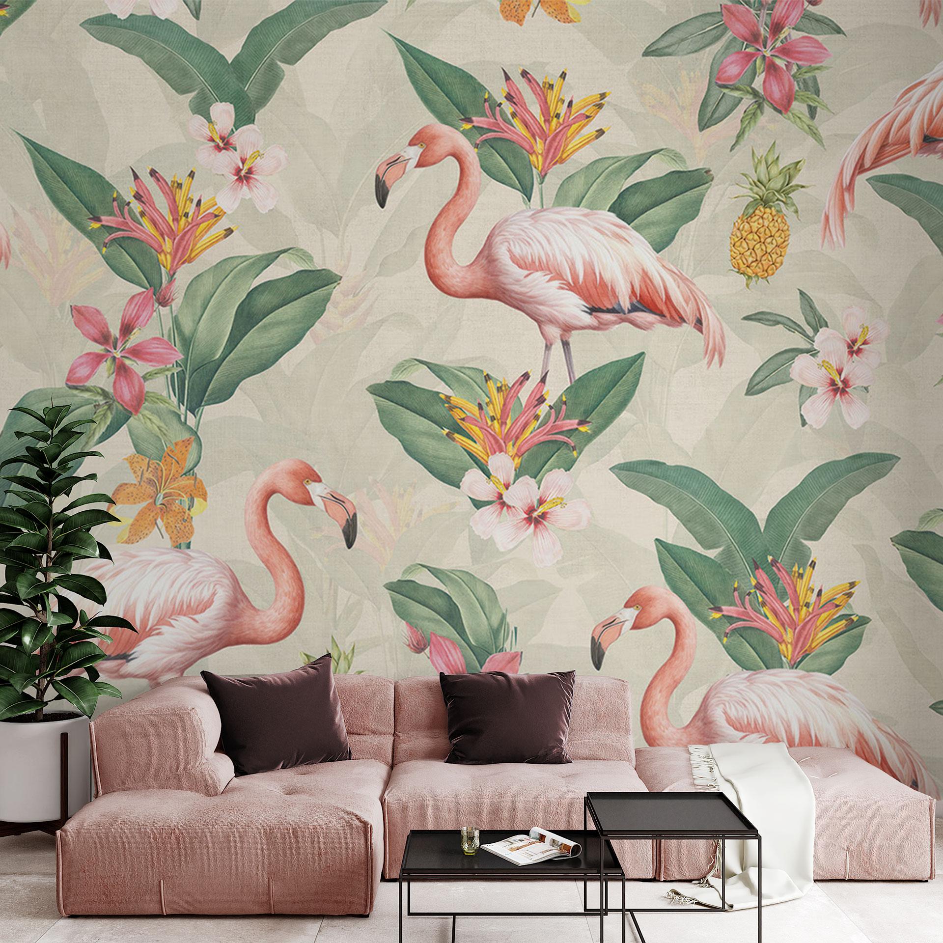 Sommerfototapet - flamingo og tropiske blade - Bloomery Decor