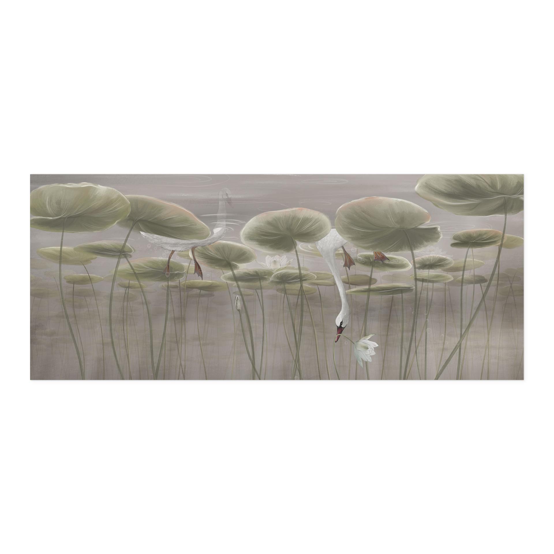 Selbstklebende Küchenrückwand Lotusblumen mit Schwan im Wasser in Grau - Ms Tiff