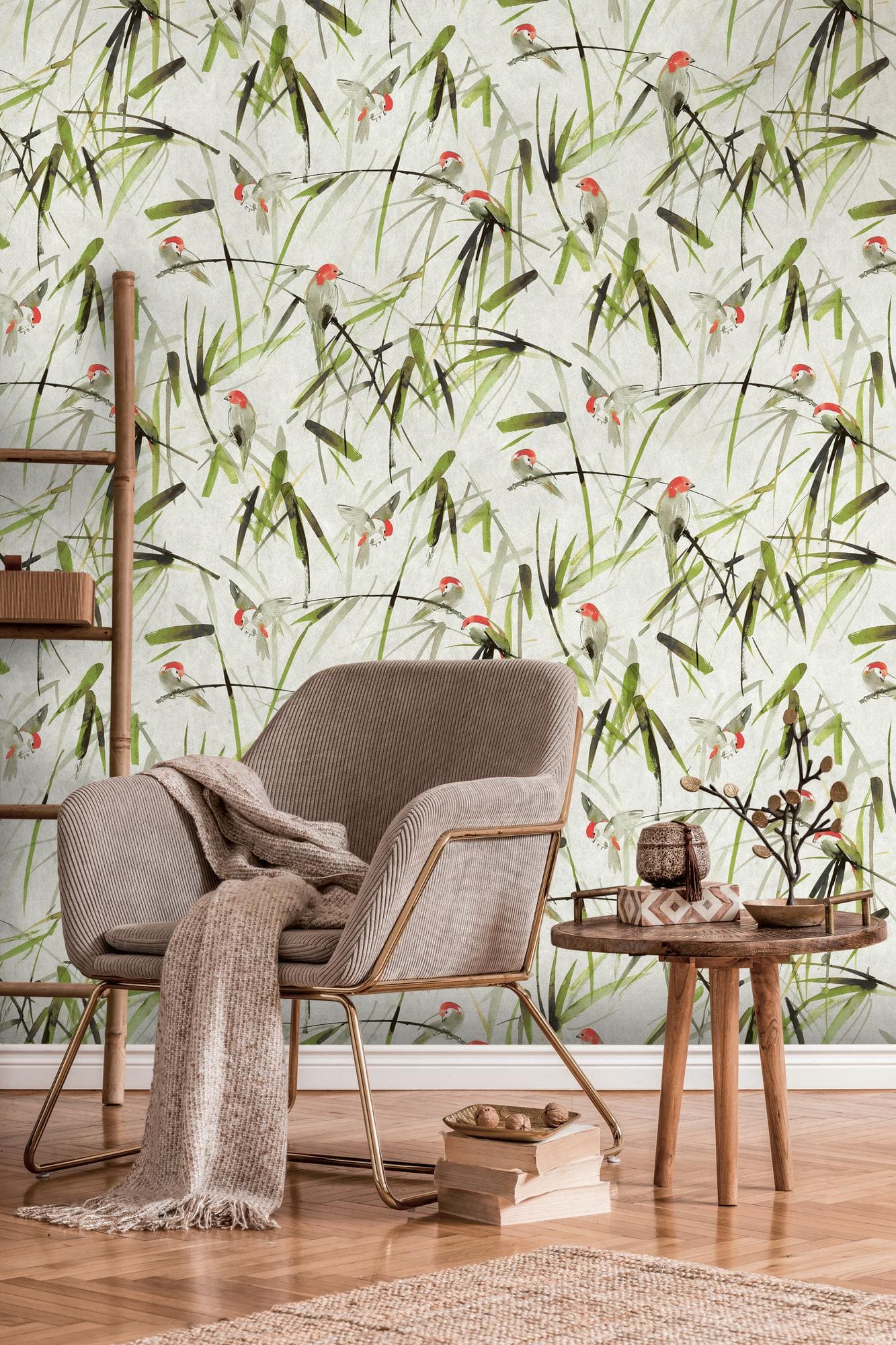 vogel behang beige groen - vliesbehang dieren Livingwalls - mat en glad