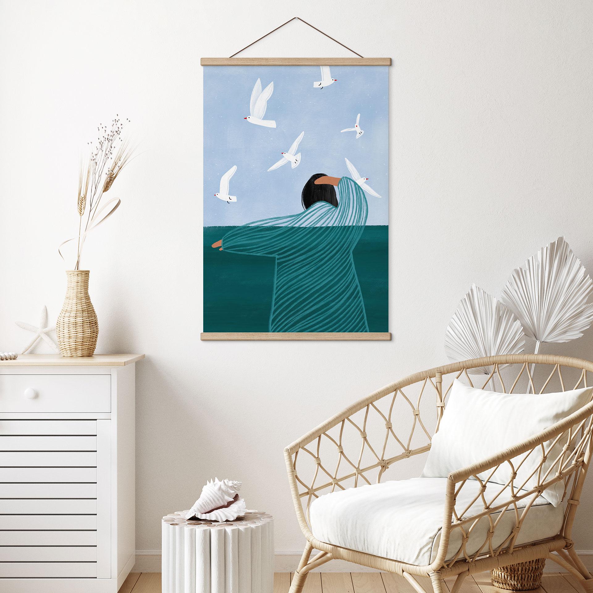 Tekstil plakat kvinde med måger ved havet - Müller