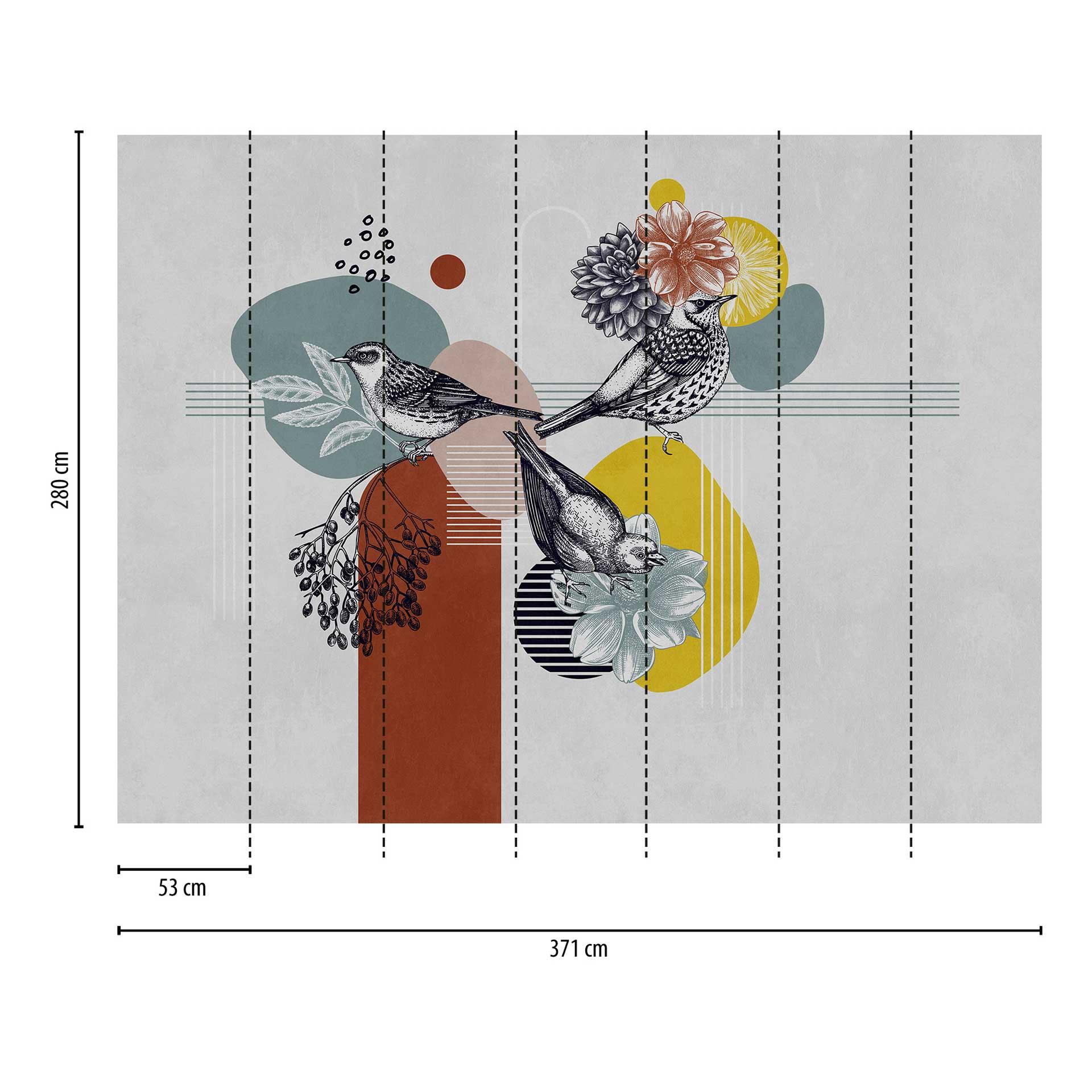 Kleurrijke vogels grafisch behang - vliesbehang met natuur en bloemen motief voor woonkamer
