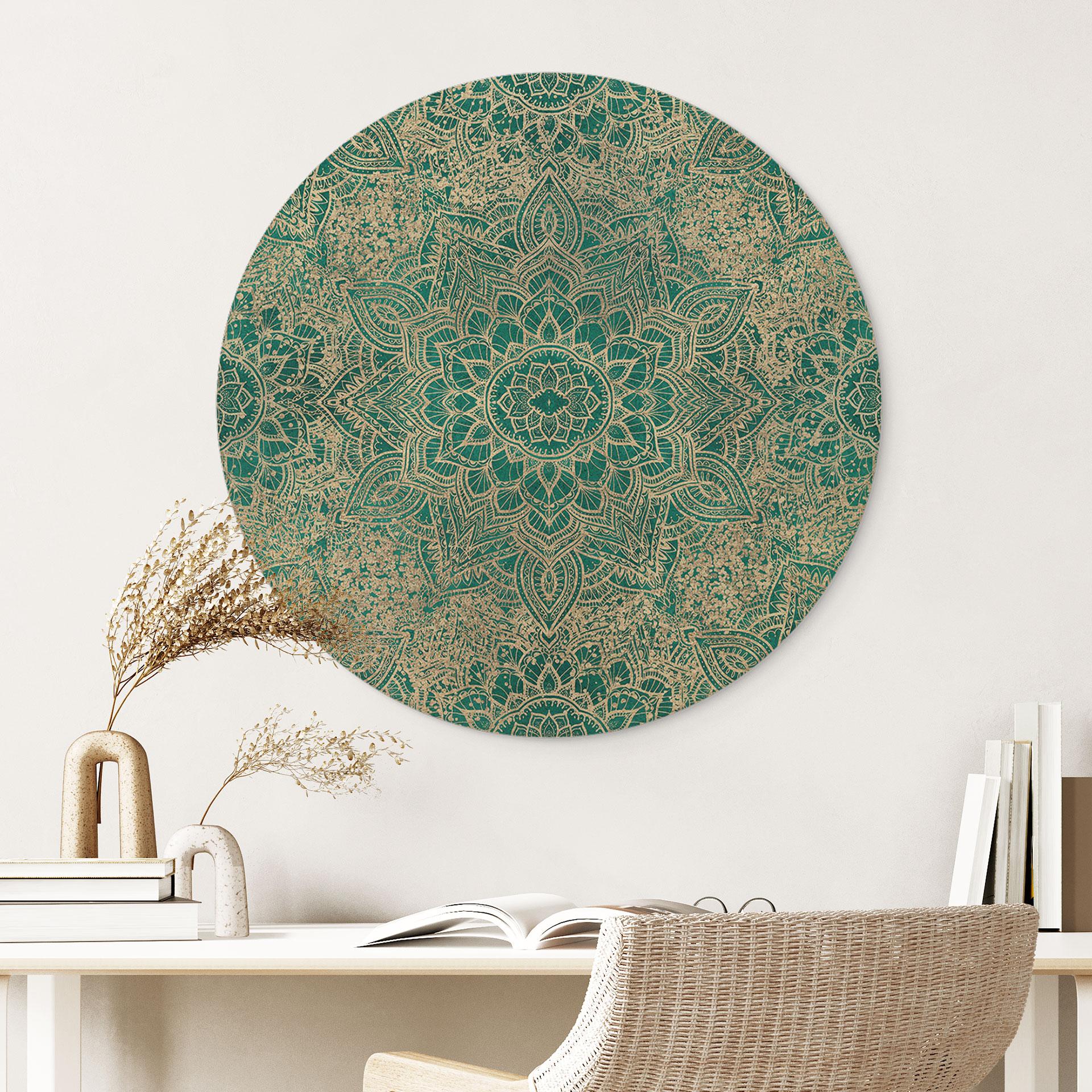 Cuadro de madera Mandala Boho Oro-verde - Decoración Floral - Redondo