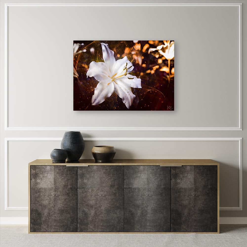 Canvasbillede, Hvid lilje på brun baggrund