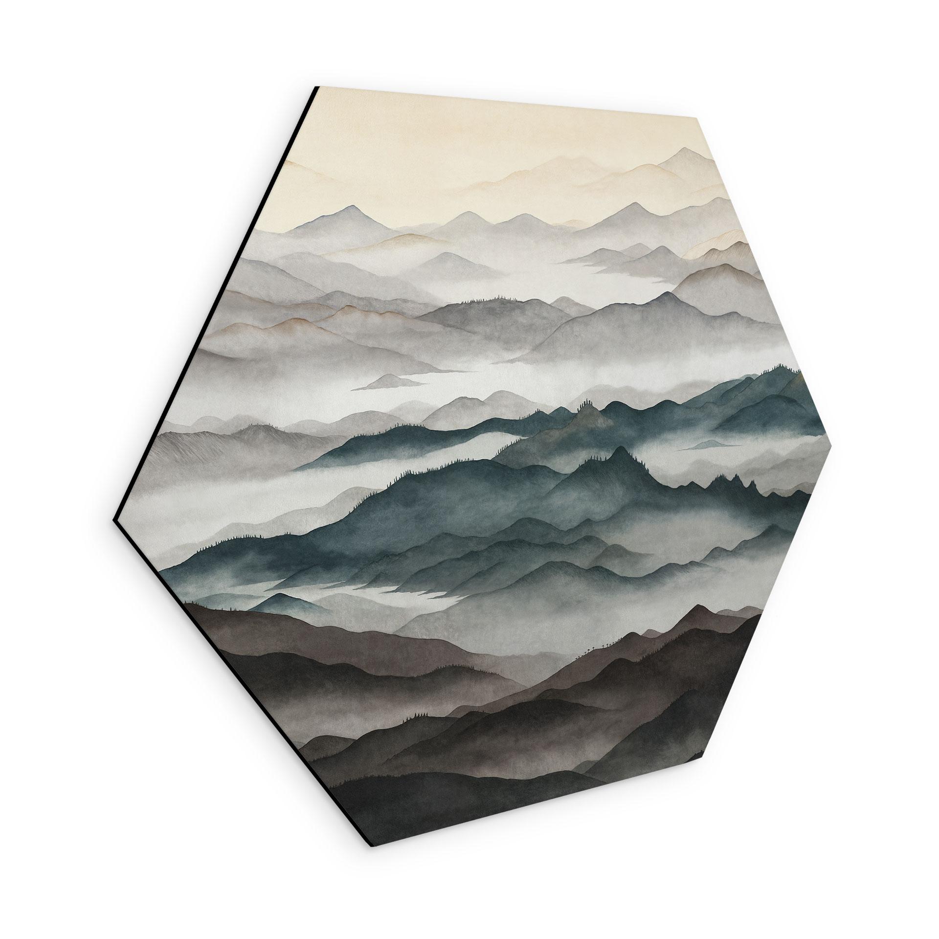 Esagono Stampa per Pareti Roerich Light - Paesaggio Montano Nebbioso - Sir Edward x Grigory Gladarev - Alu-Dibond