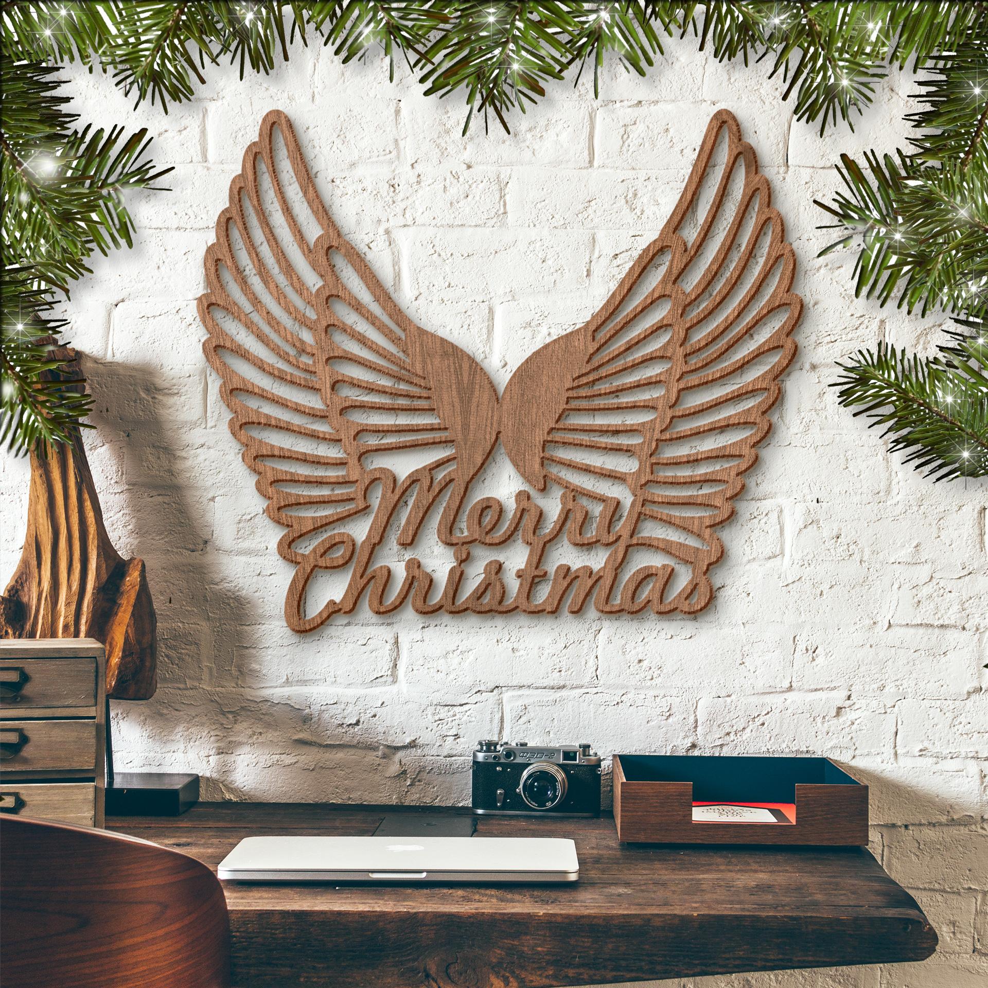 Trækunst Mahogni - Englevinger, Merry Christmas