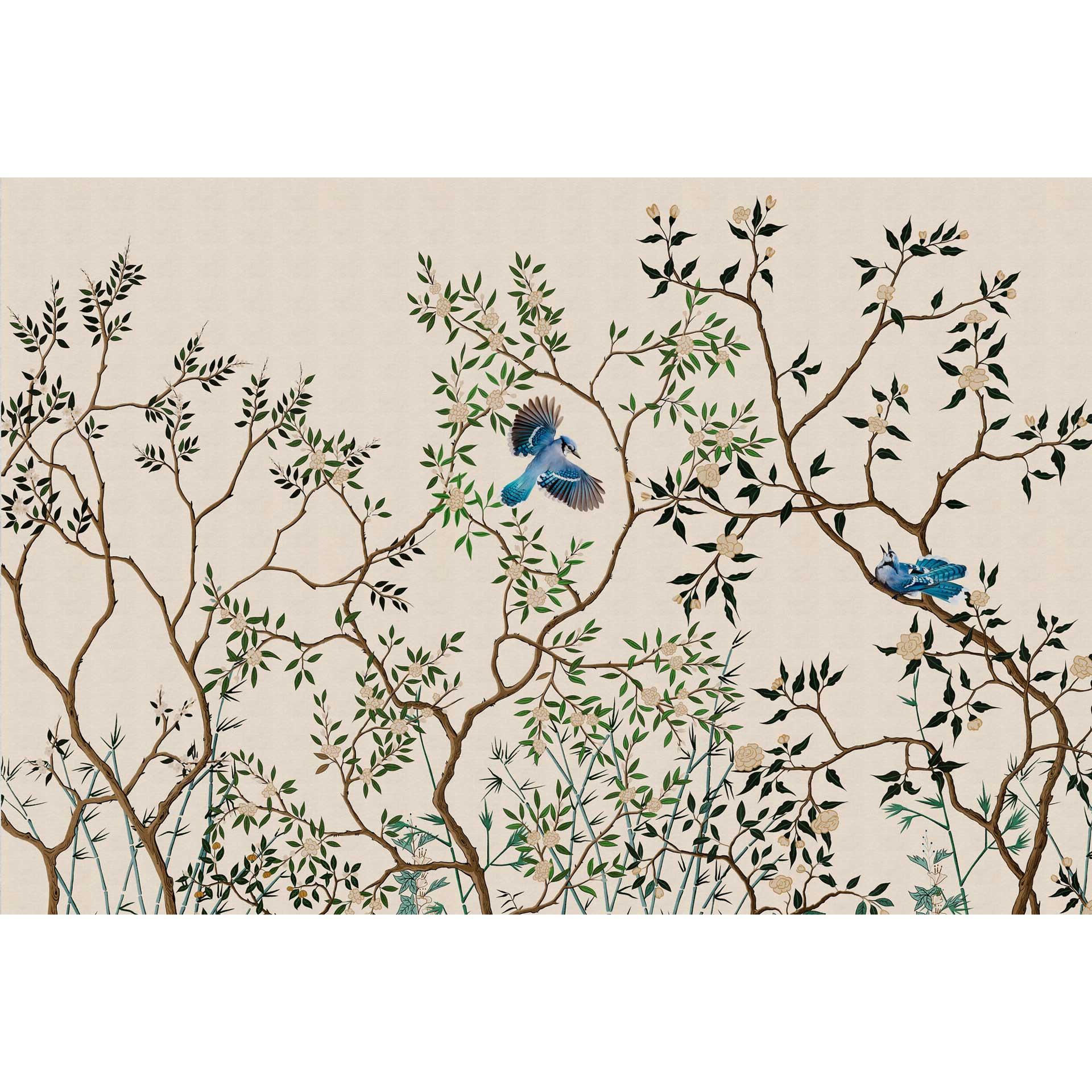 Aziatisch vogelbehang op takken - beige vliesbehang met natuurmotieven