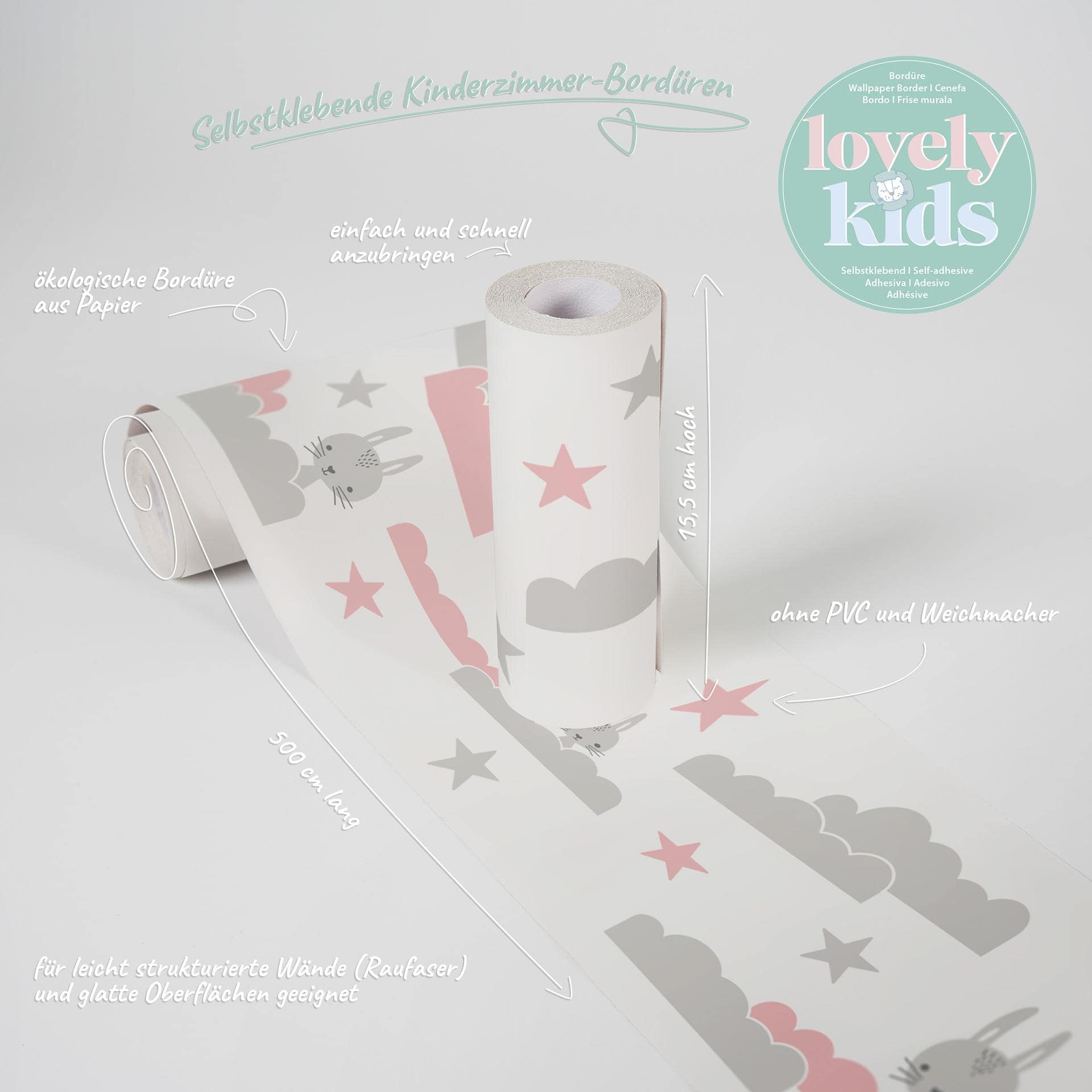A.S. Création Lovely Kids Frise autocollante enfant - Rosé, Gris
