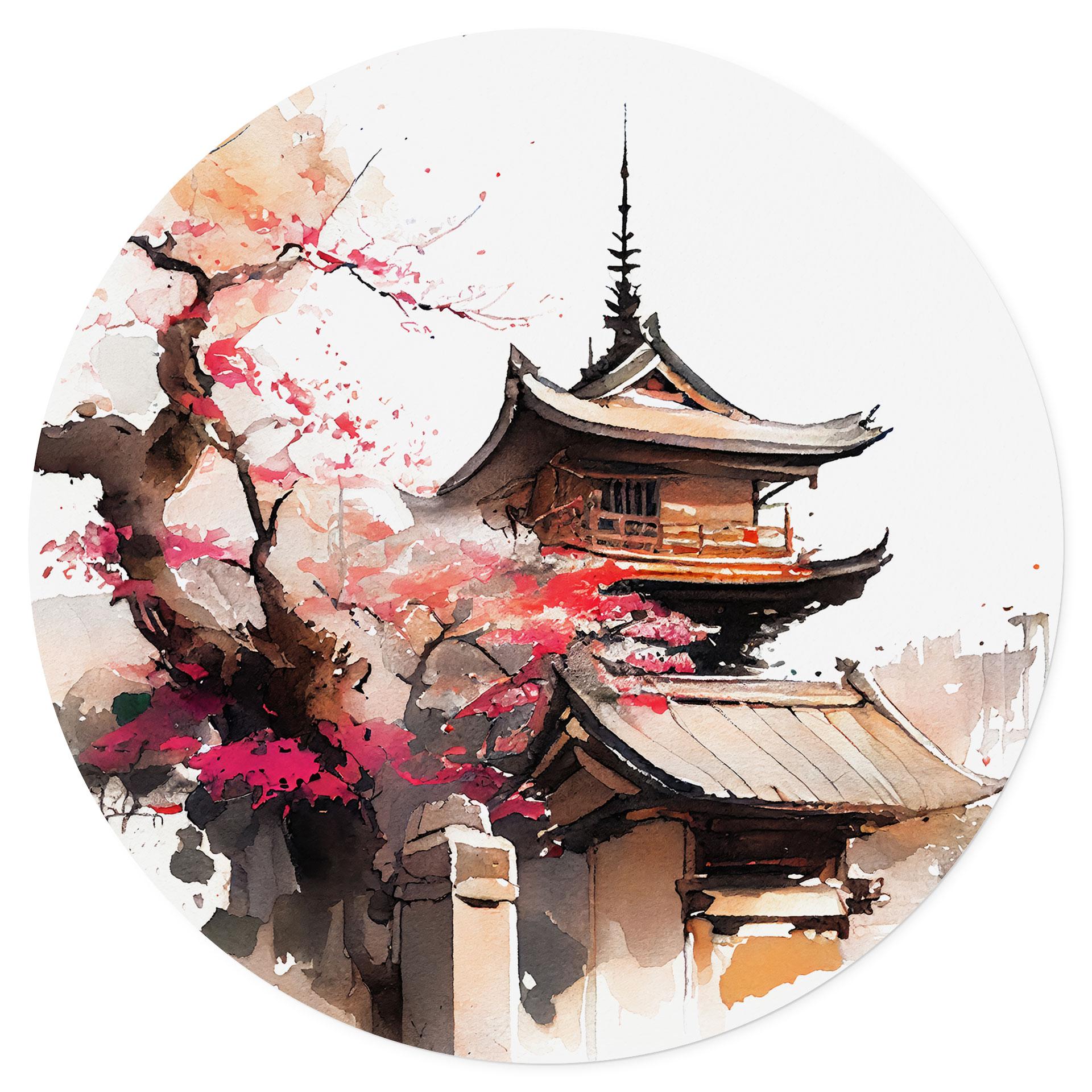 Wandtattoo Japanische Pagode mit Kirschblüten - Jaszke - Rund
