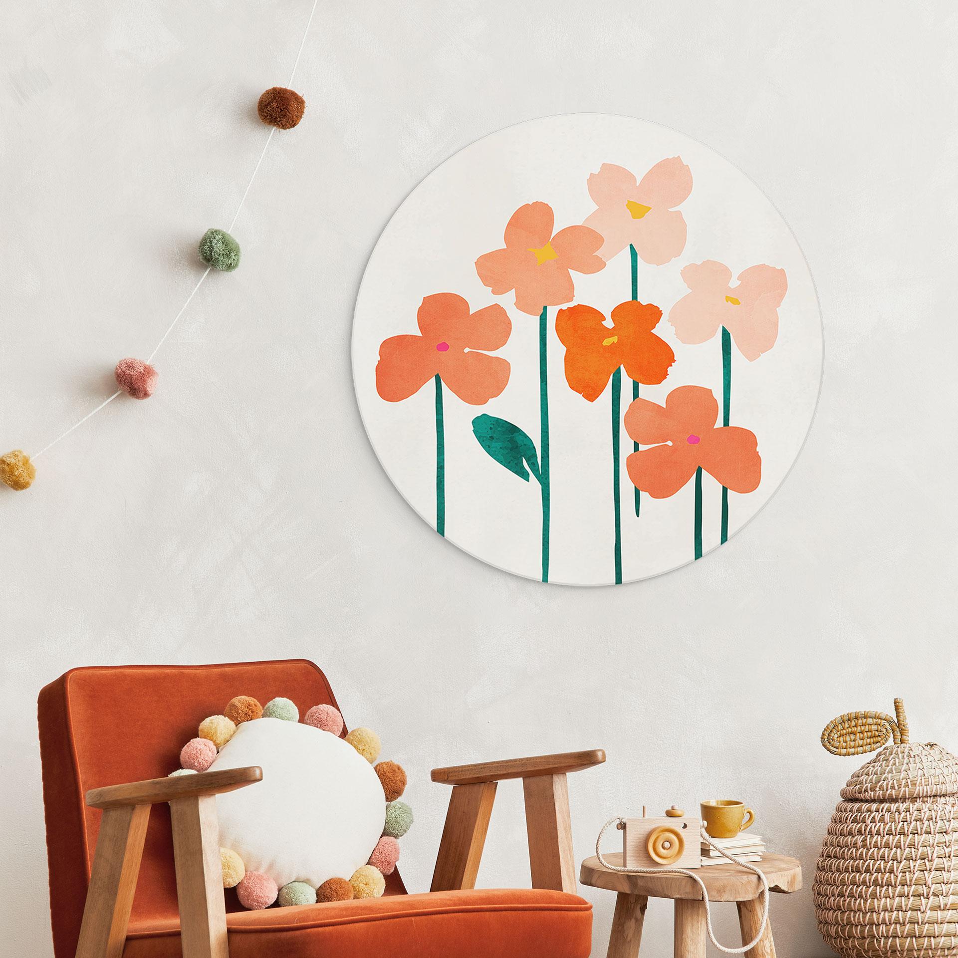 Vægcirkel Små blomster i ferskenfarver - Kubistika – print på aluminium (Alu-Dibond)