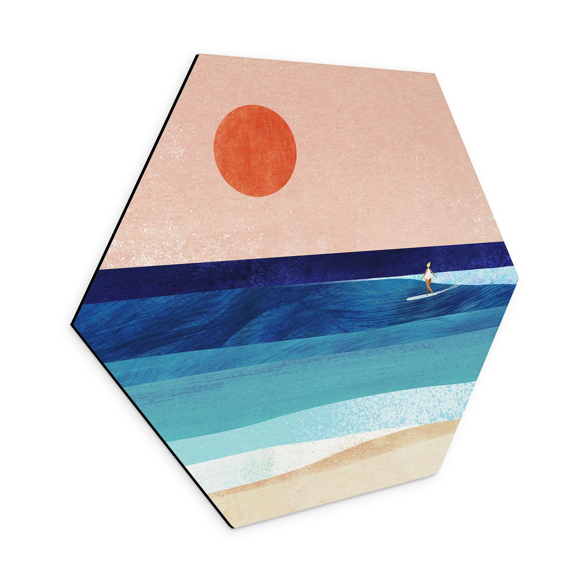 Hexagon Wandbild Surfer Mädchen beim Sonnenuntergang - Rivers - Alu-Dibond