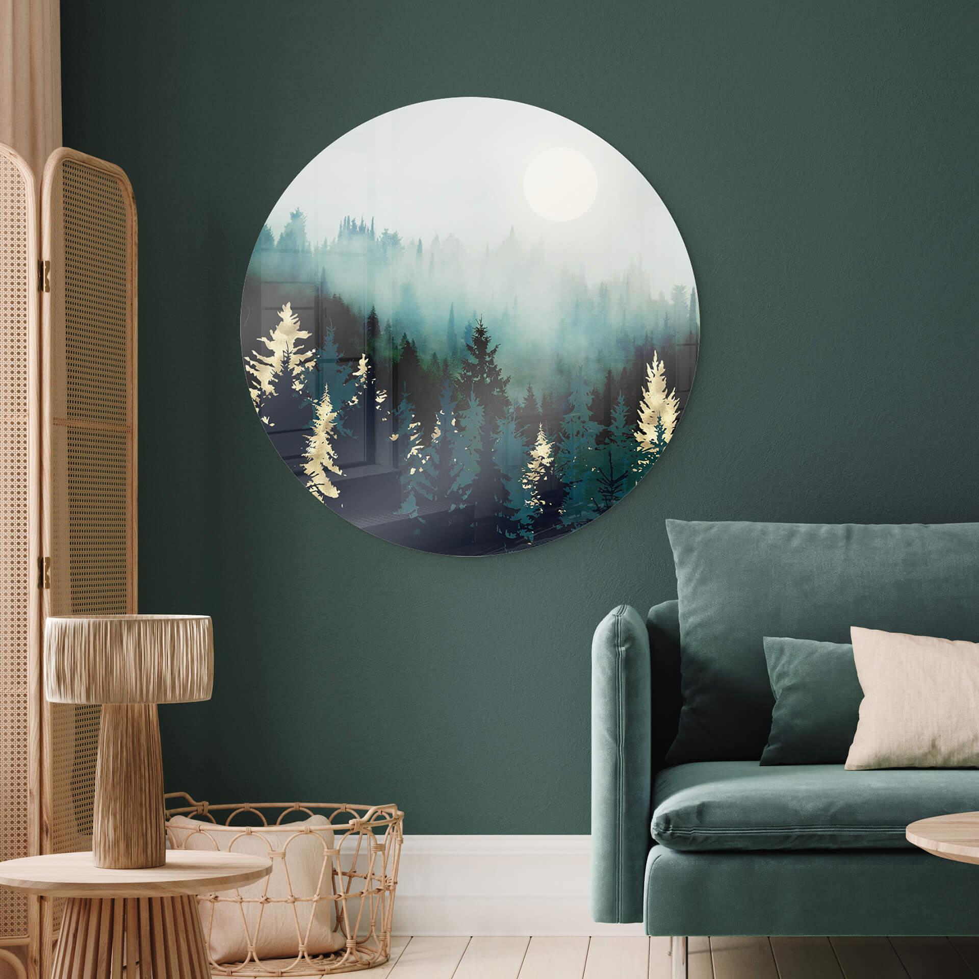 Glasschilderij Rond SpaceFrog Designs - Mistig Bos