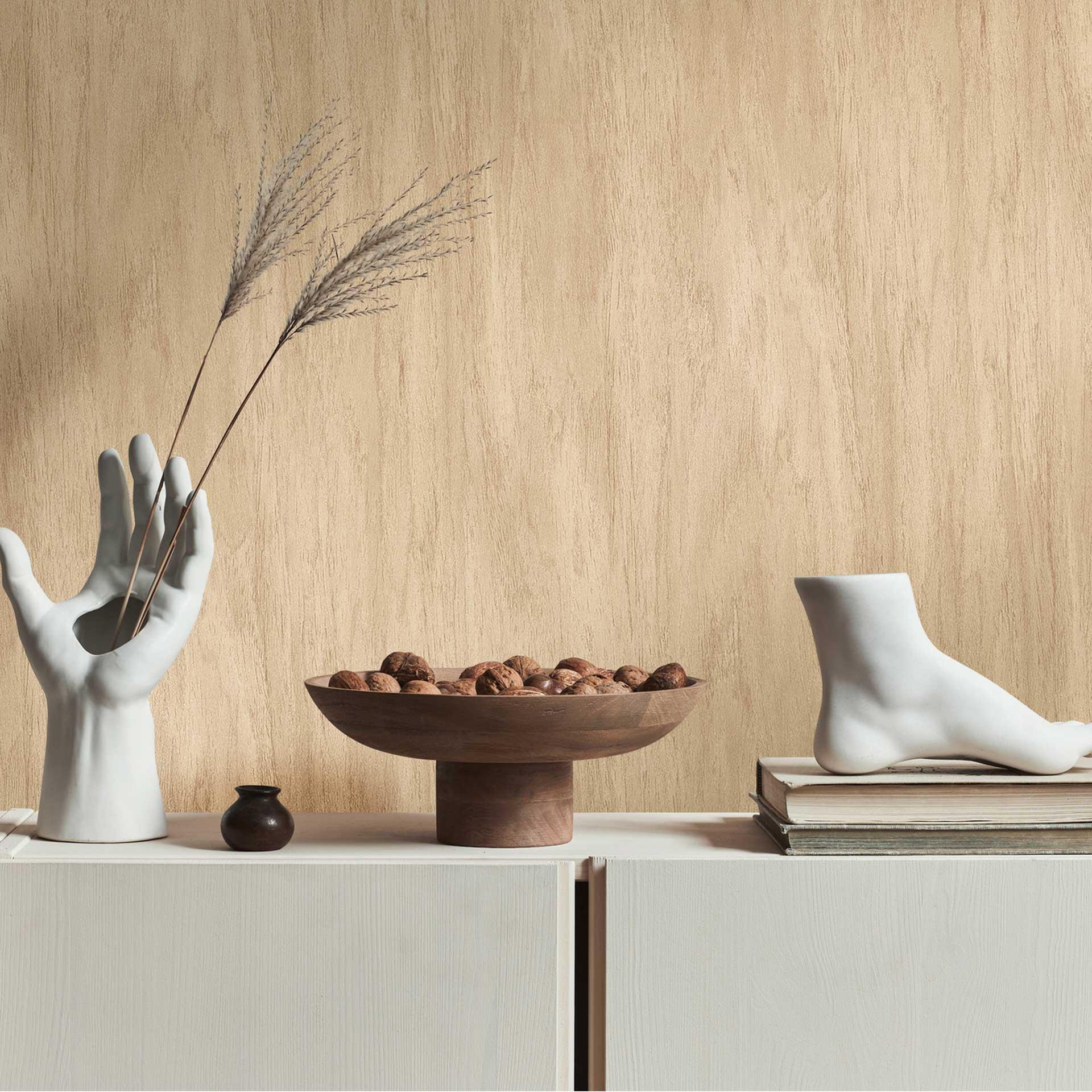 Ikke-vævet tapet i beige trælook - naturligt vægdesign, moderne & hyggeligt