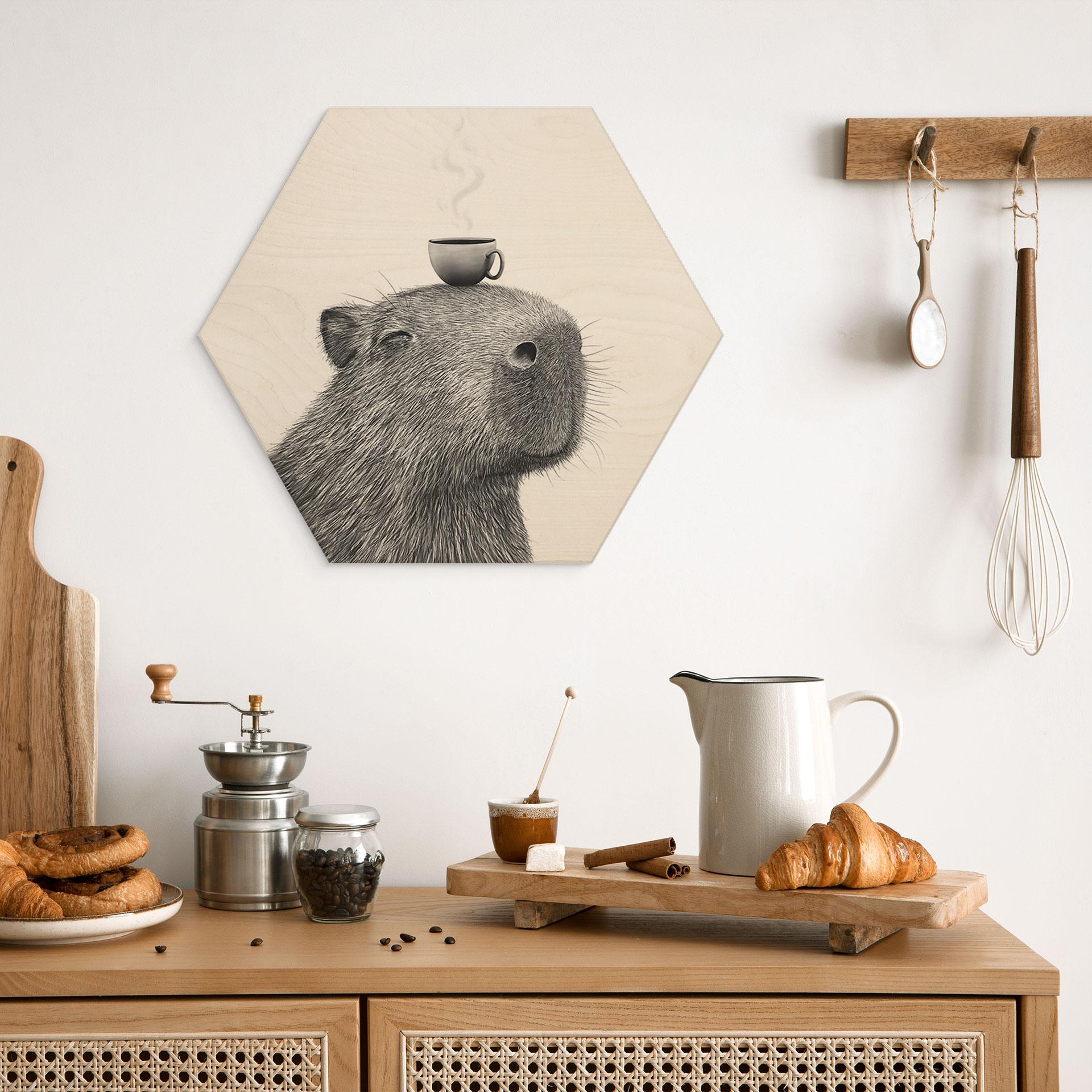 Hexagon Billede af træ Capybara Morgen Kaffe - Korenkova
