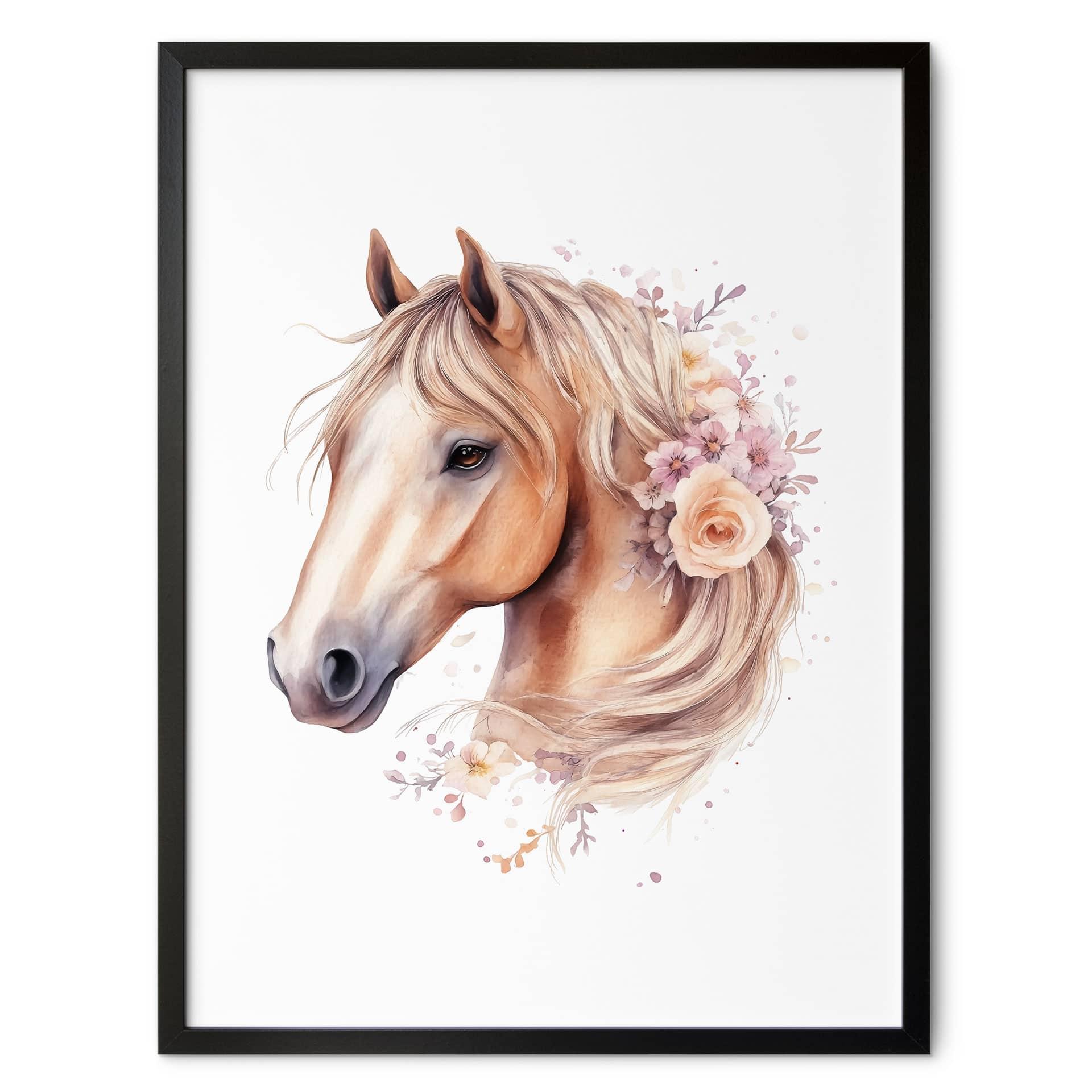 Plakat Boho-hest med blomstermanke | Hesteportræt til børneværelset