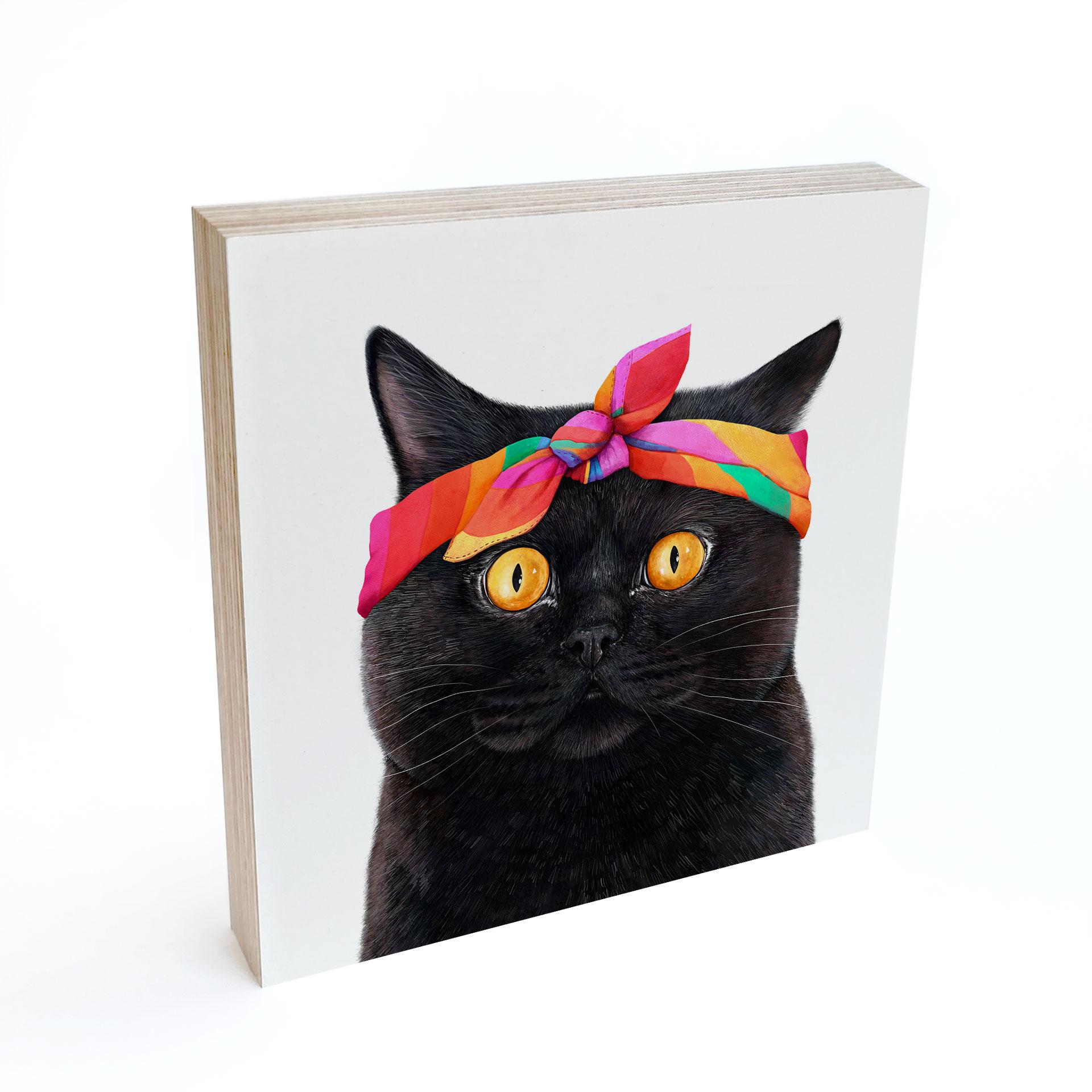 Holzbild zum Hinstellen - Schwarze Katze mit Bandana - Korenkova - 15x15 cm