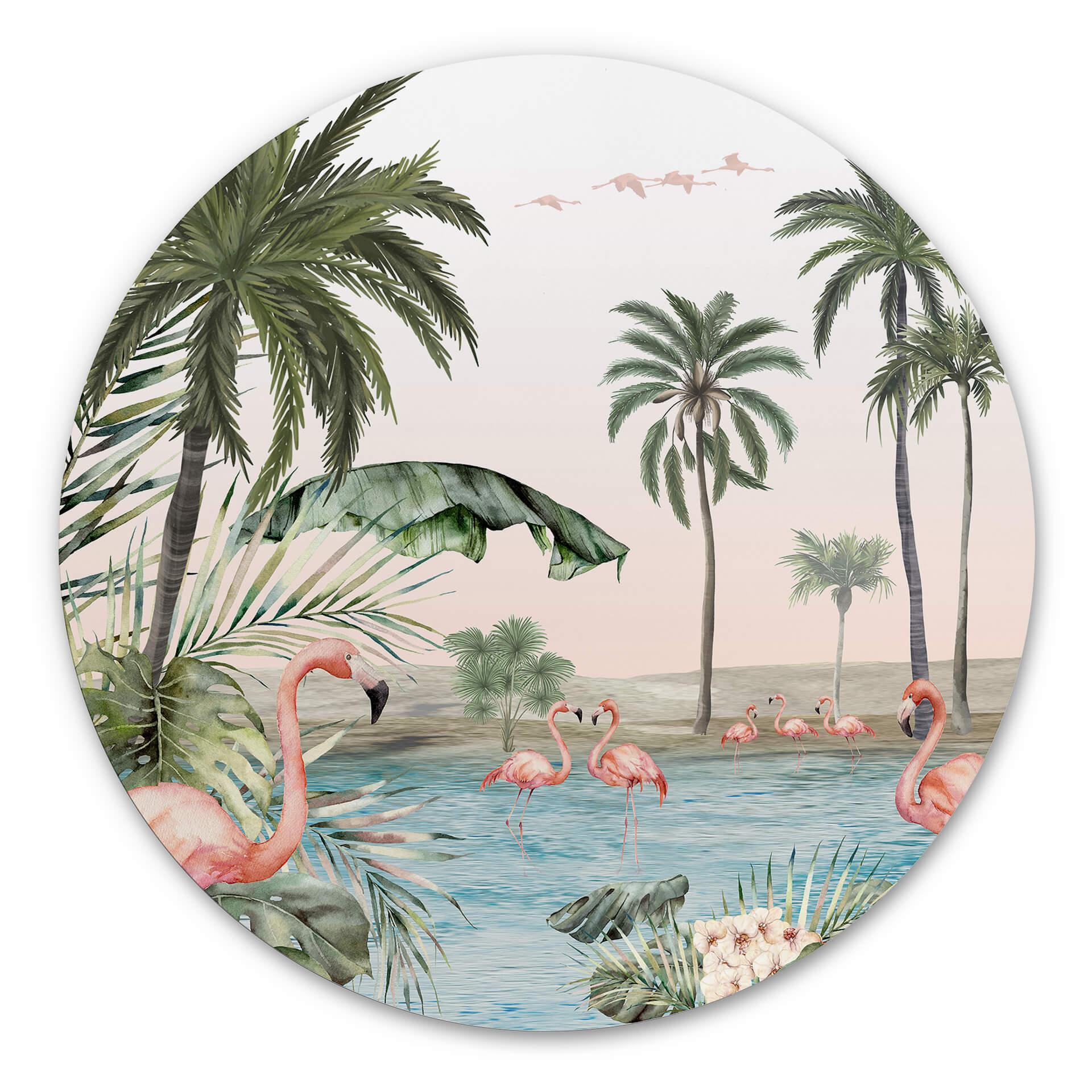 Tableau sur alu-Dibond rond Kikki Belle - Oasis de flamants roses