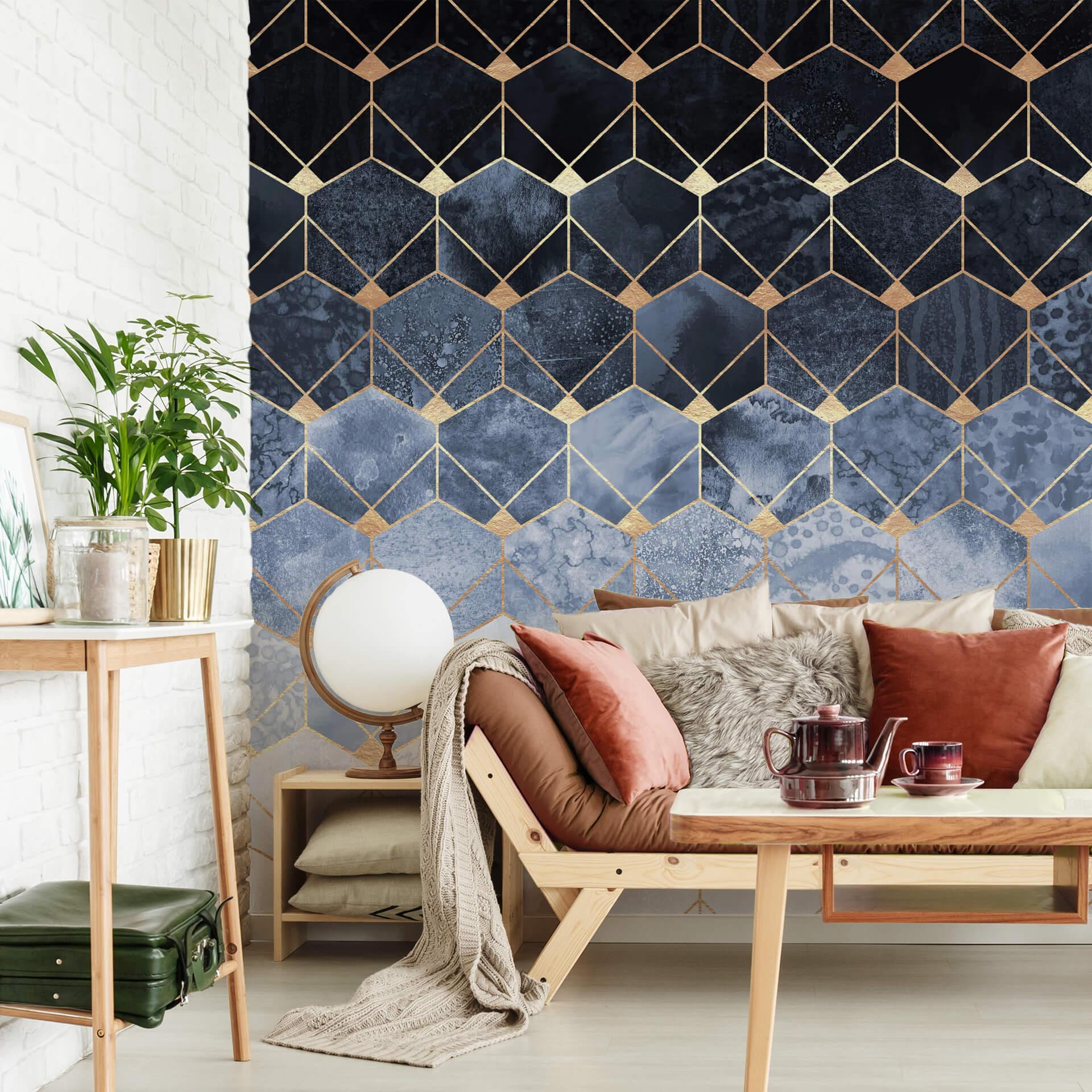 Fototapet - Frederiksson - Hexagons, Blue & Gold