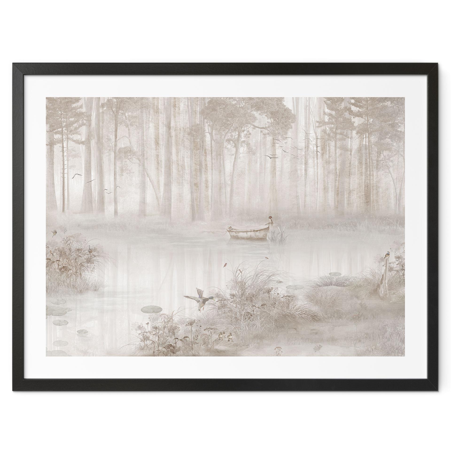 Poster Wald am See im Nebel in Beige - Ms Tiff