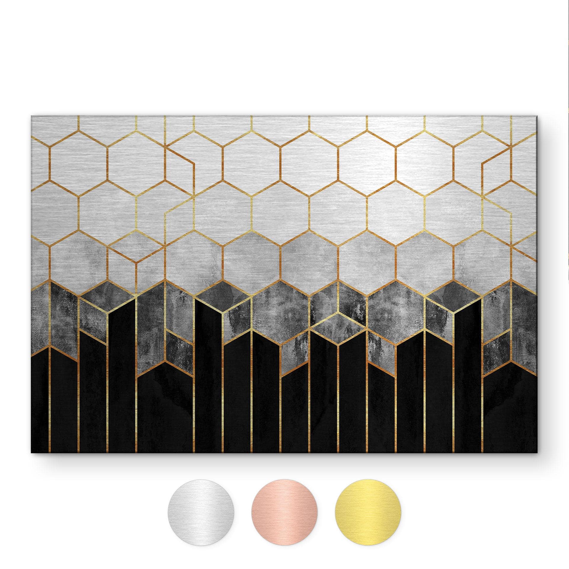 Geborsteld Alu-Dibond met goud-, zilver- & kopereffect - Hexagonen: zwart en grijs - Fredriksson