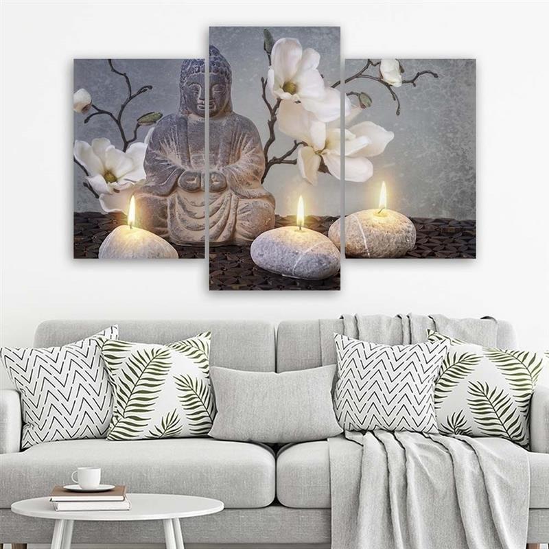 3-delige canvas print, Boeddha orchidee bloemen natuur