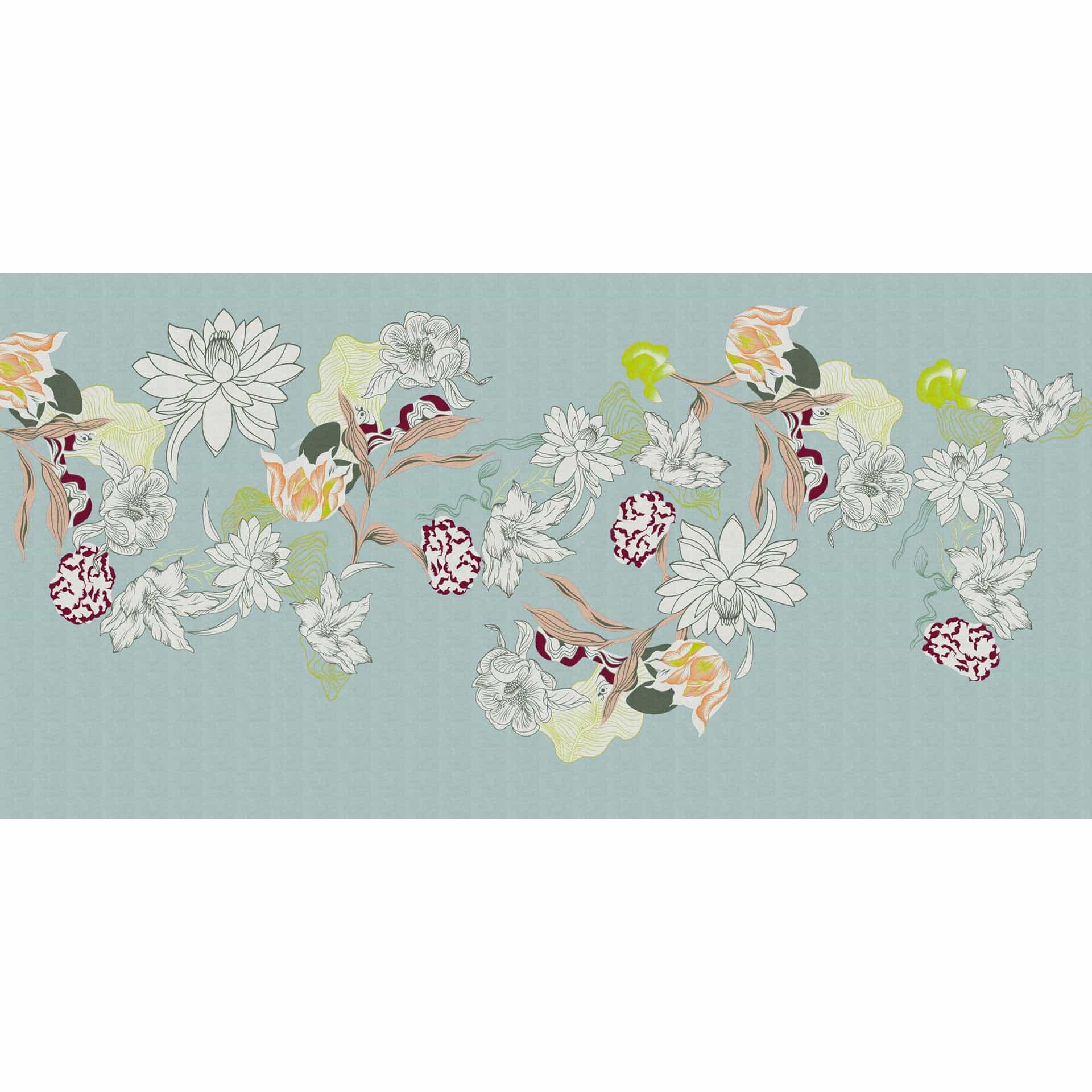 Botanisch behang in mint - vliesbehang met getekend bloemstuk