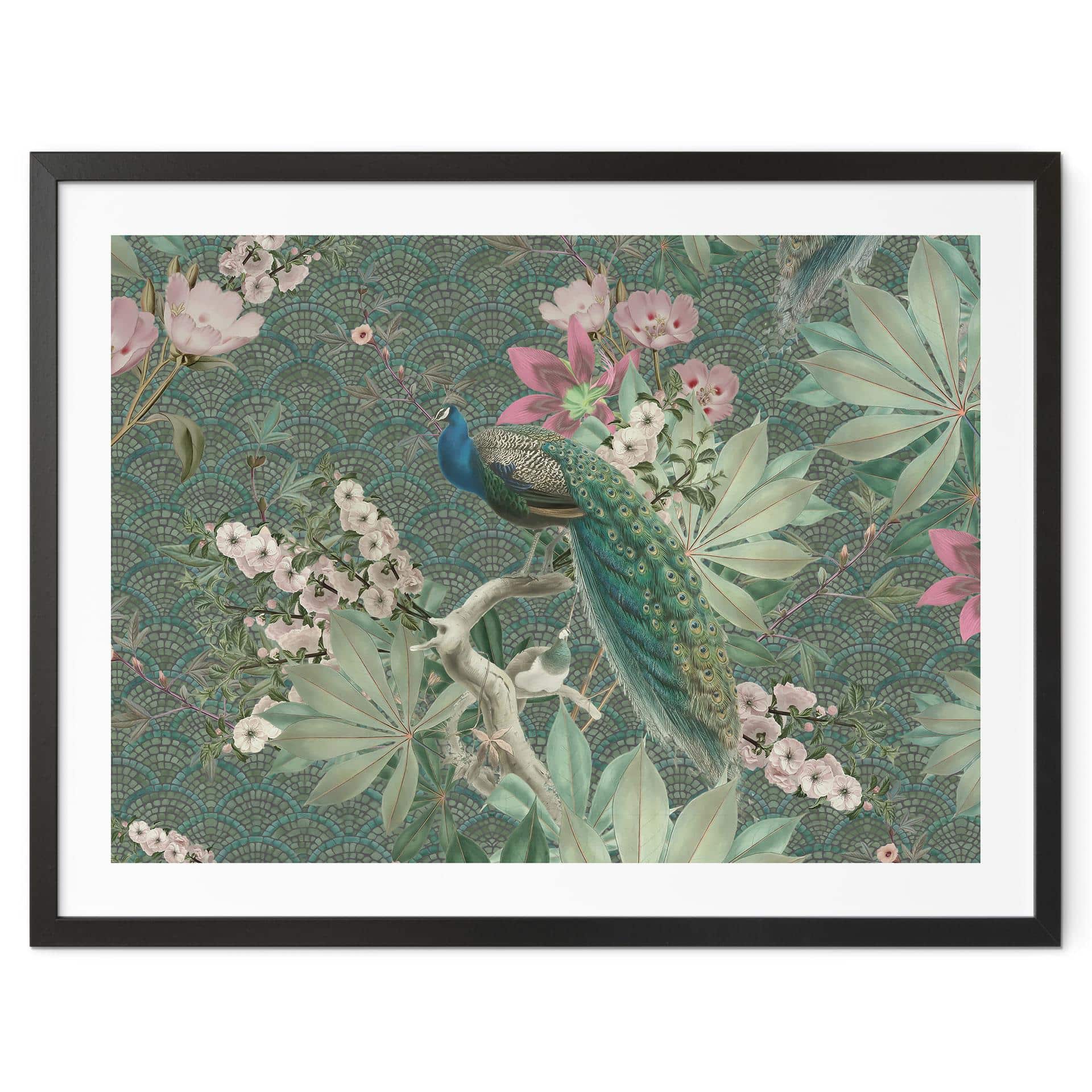 Poster påfågel i tropisk trädgård på mosaik - Bloomery Decor