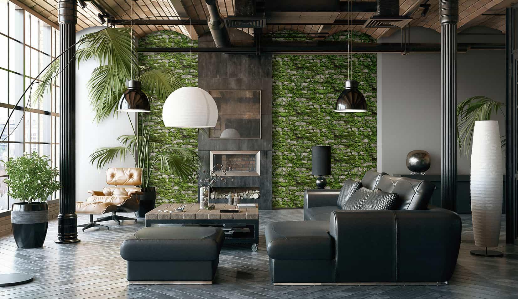 Vliesbehang in realistische steenlook met mosgroen, grijs steeneffect