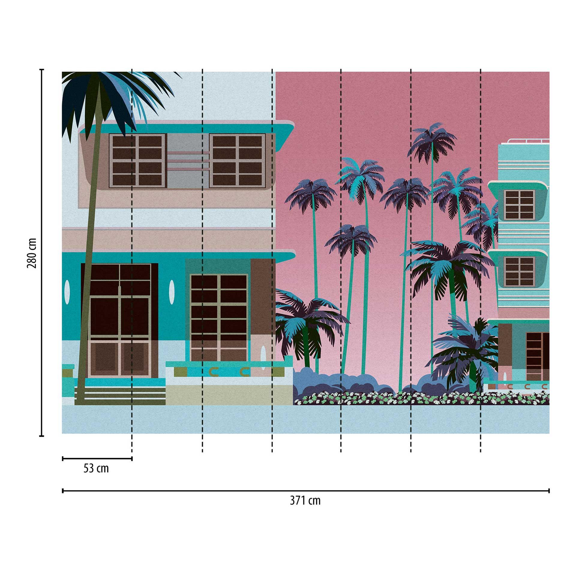 Miami Retro Colourful - vliesbehang met palmbomen en huizen voor woonkamer & kantoor