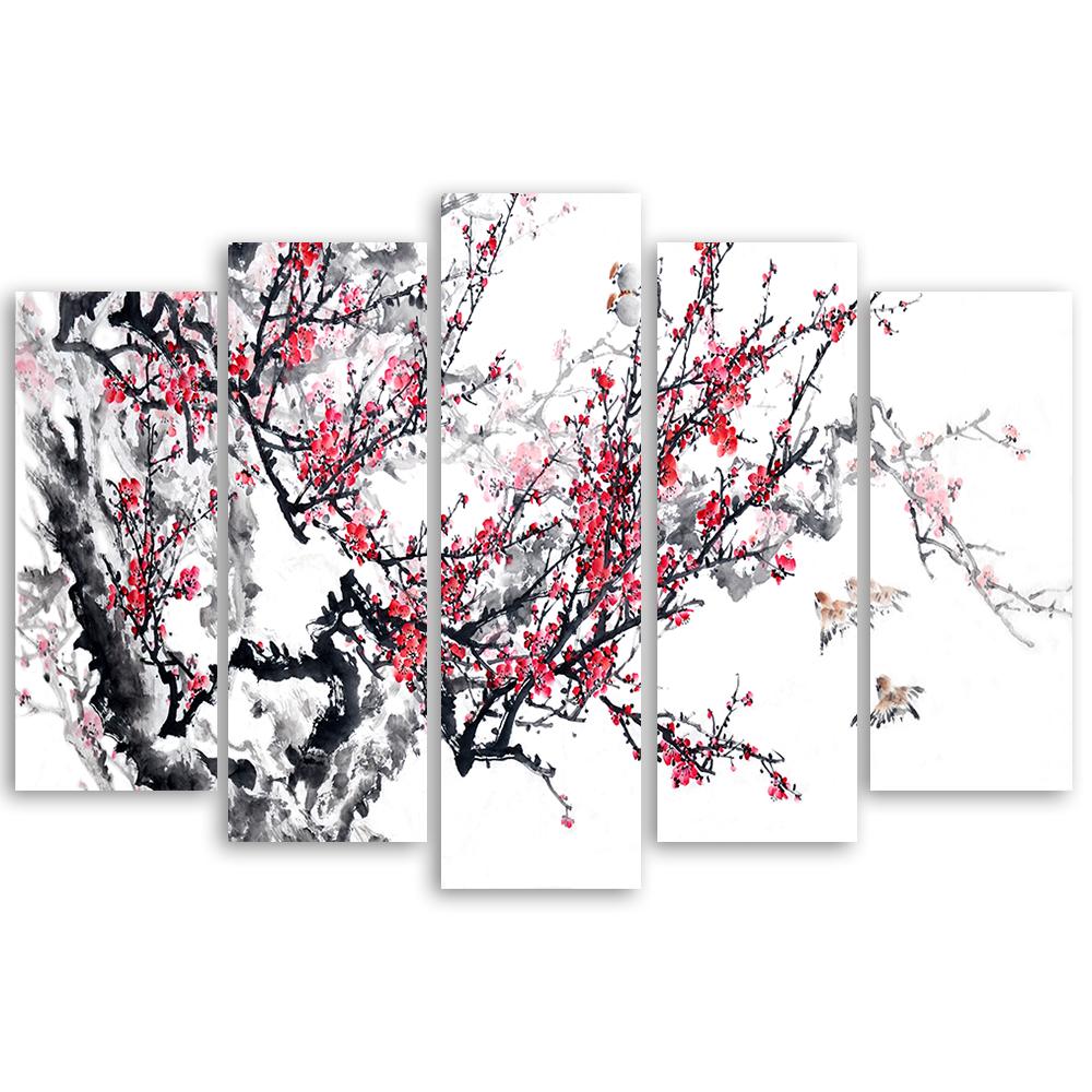 5 stykke lærredsprint, Cherry Blossom Japan Tree