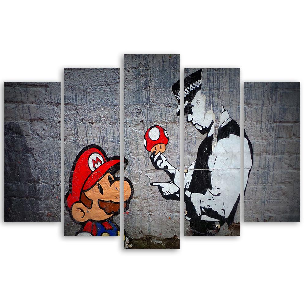 5 stykke lærredstryk, Banksy Mario Graffiti
