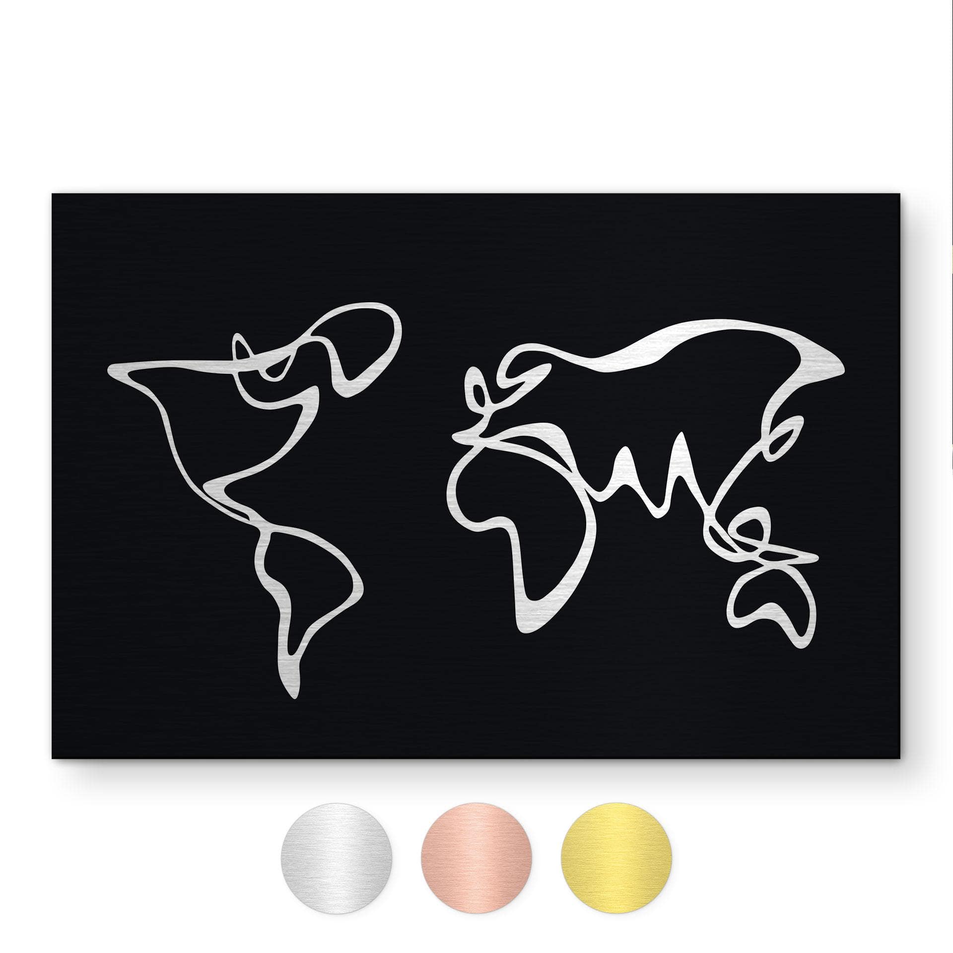 Geborsteld Alu-Dibond met goud-, zilver- & kopereffect - Wereldkaart Line Art