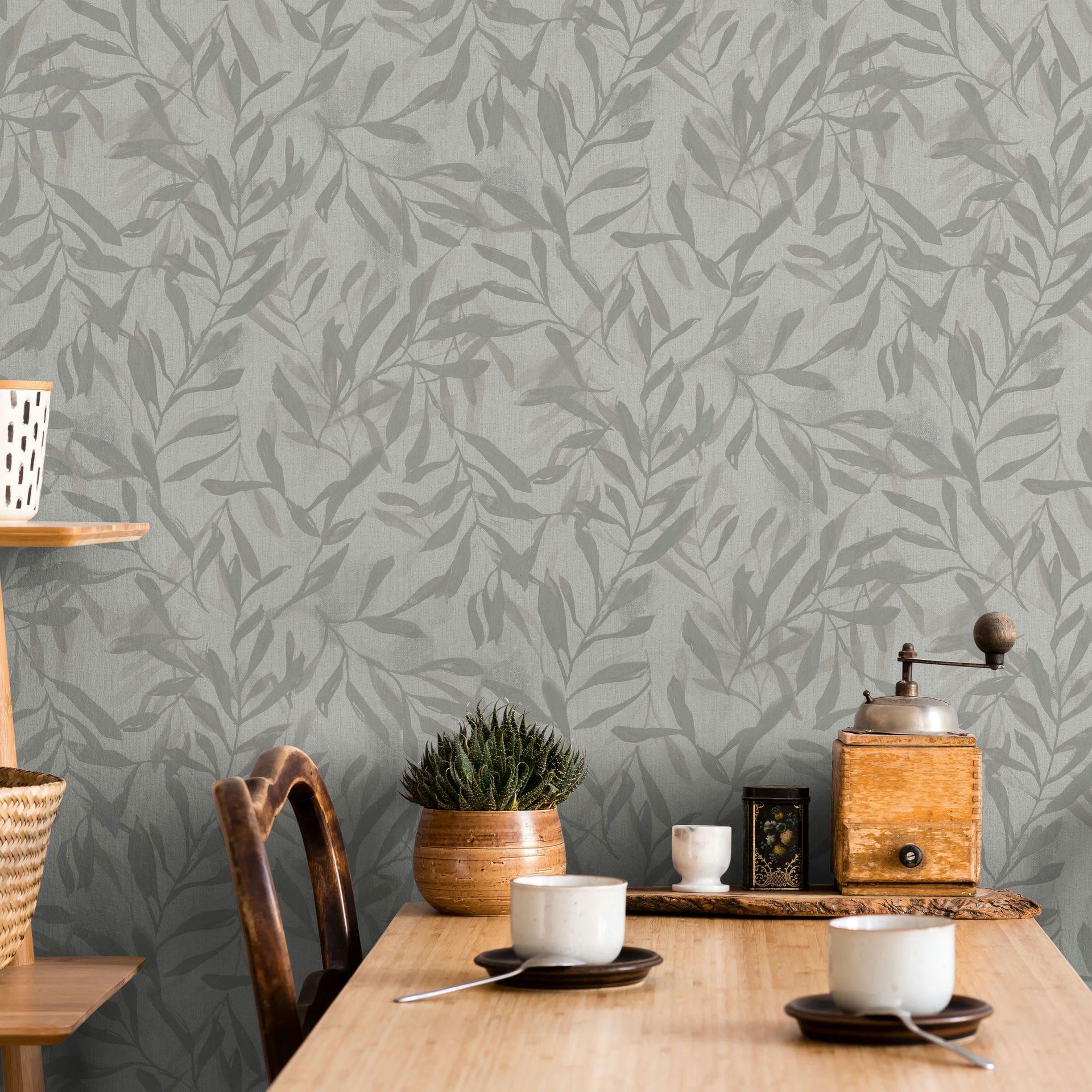 Non-woven tapet i beige grå blade bladlook vintage blomstret natur