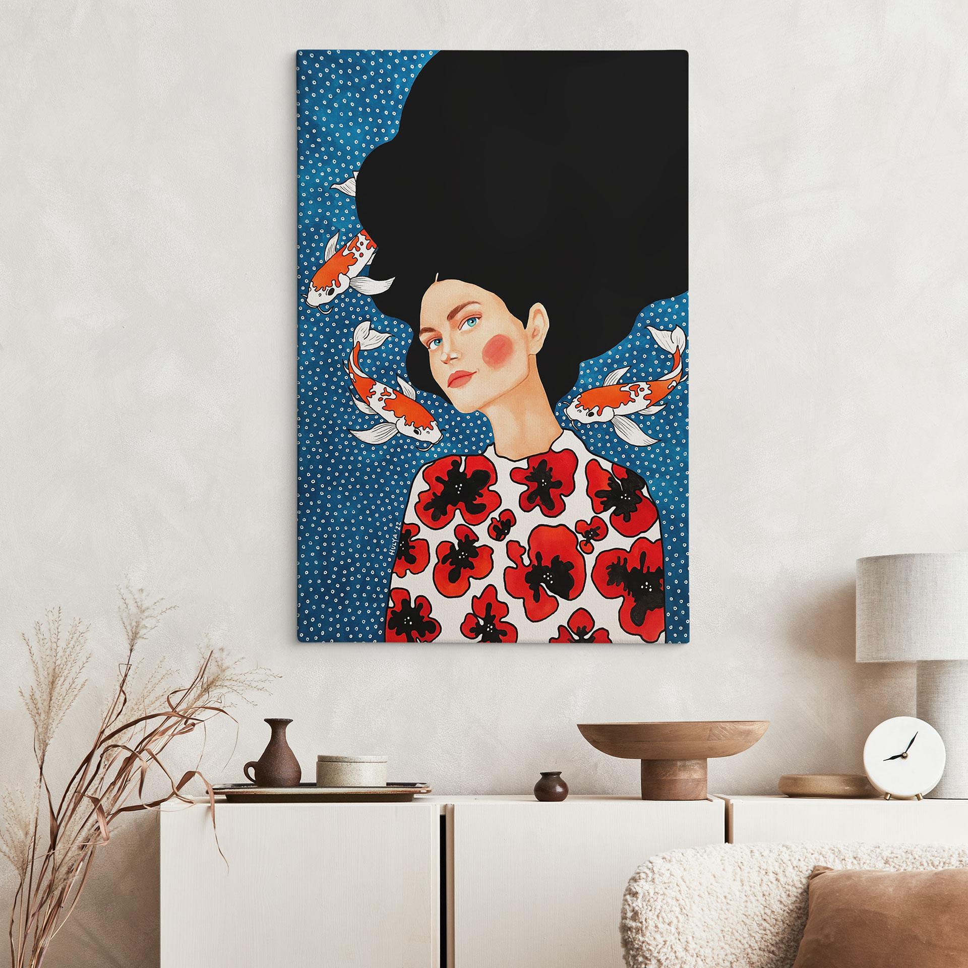 Canvasbillede Kvinde i blomsterkjole med koi - Hülya