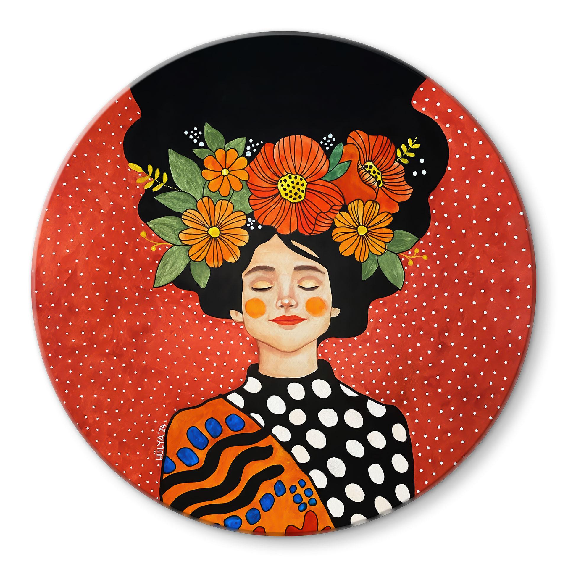 Glasbillede - Smilende kvinde med orange blomster - Hülya - Rund