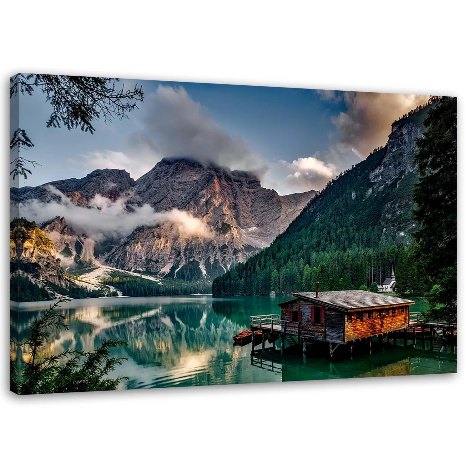 Canvasbillede, Hytte ved en sø i bjergene