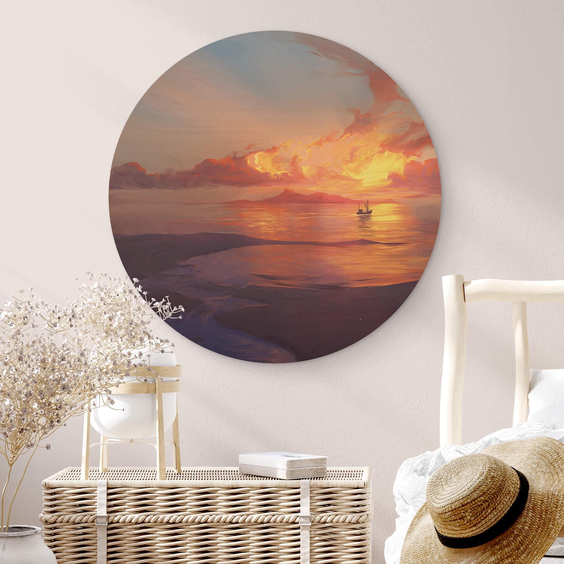 Billede af træ aerroscape - Solnedgang ved havet - Rund