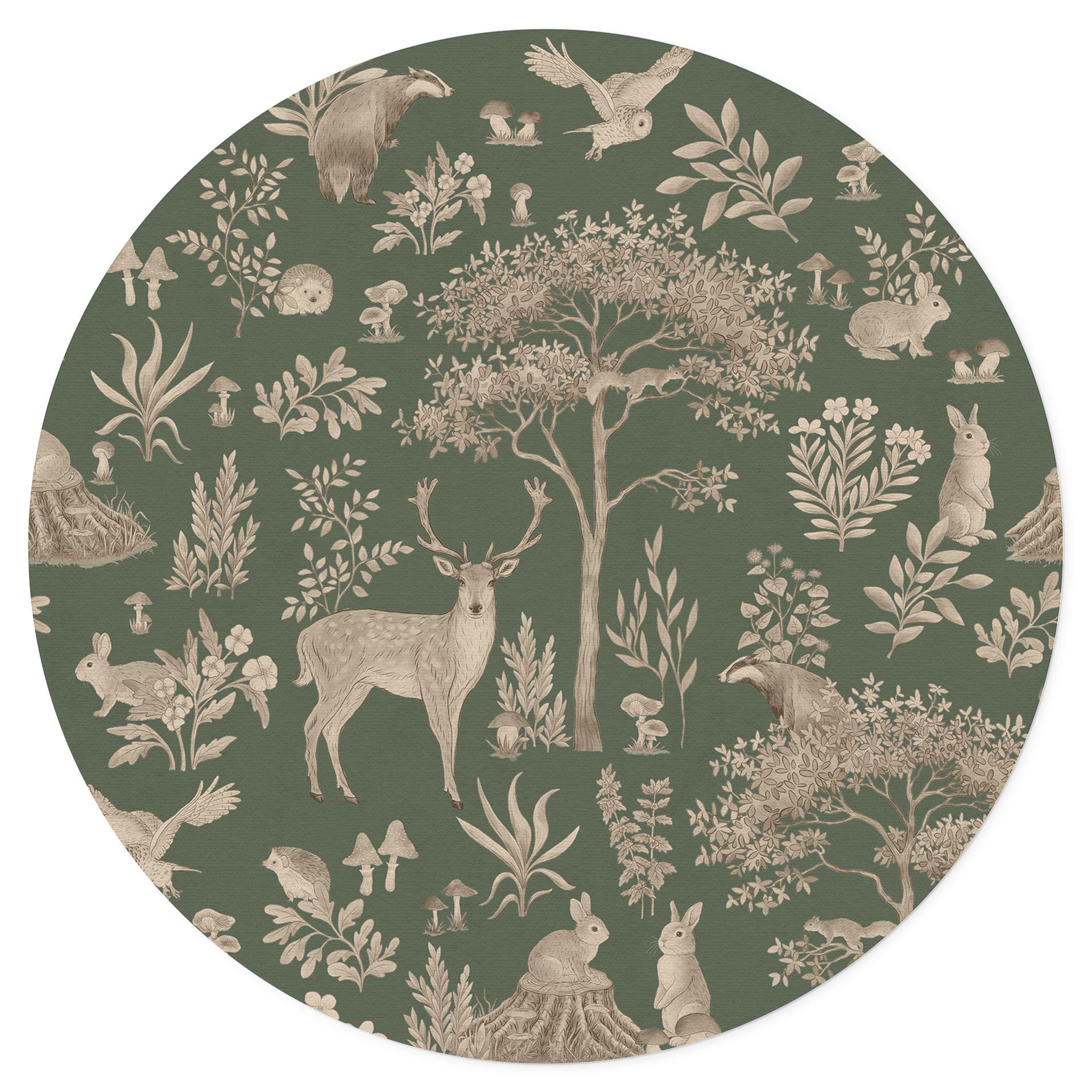 Wandtattoo Bezaubernder Wald mit Tieren - Vintage grün - Kikki Belle - Rund