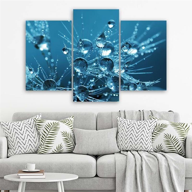 3-delige canvas print, paardebloem dauw turkoois natuur