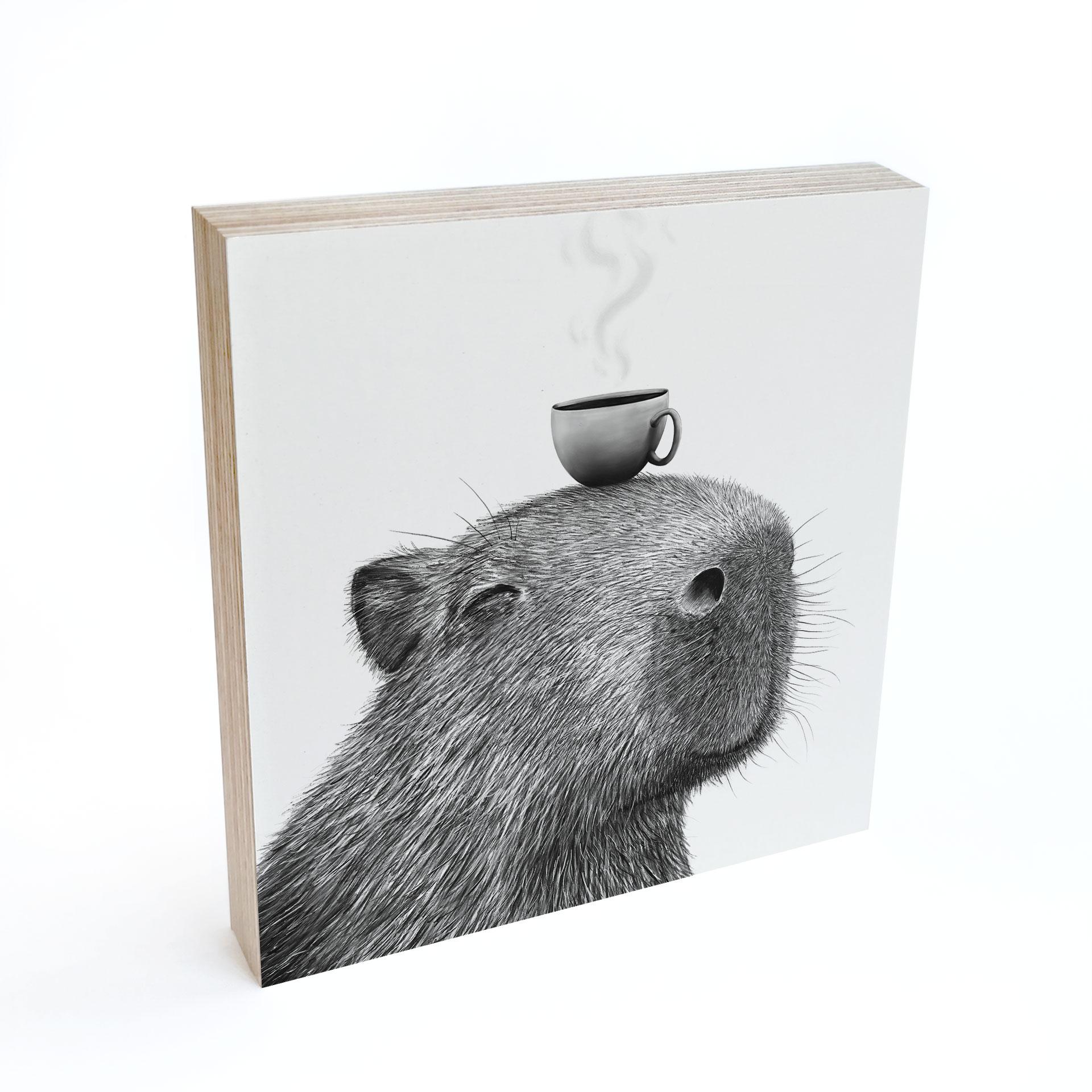 Tableau sur bois à poser - Capybara Matin Café - Korenkova - 15x15 cm