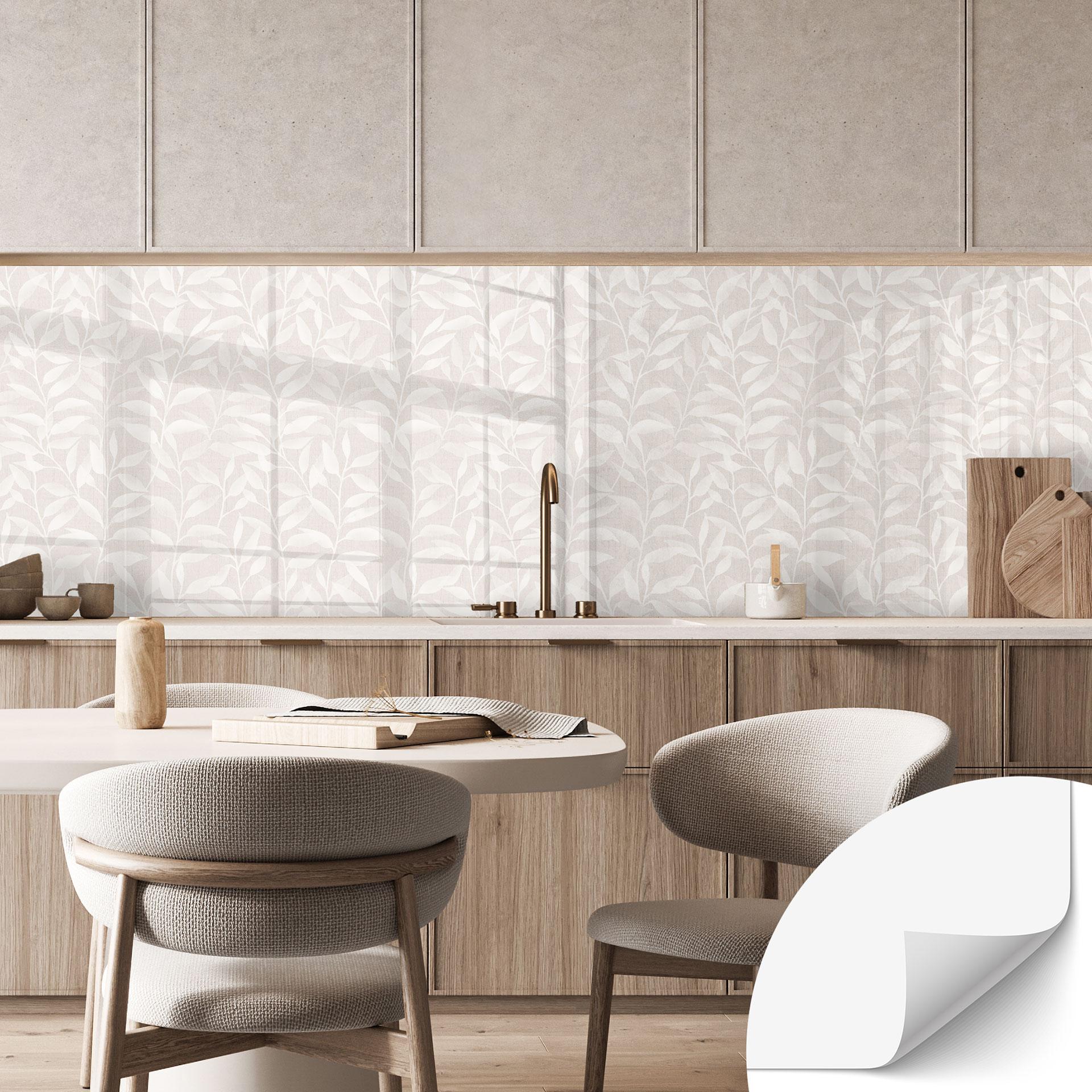 Selvklæbende stænkplade til køkken Fine akvarelblade - Soft Beige - Bloomery Decor