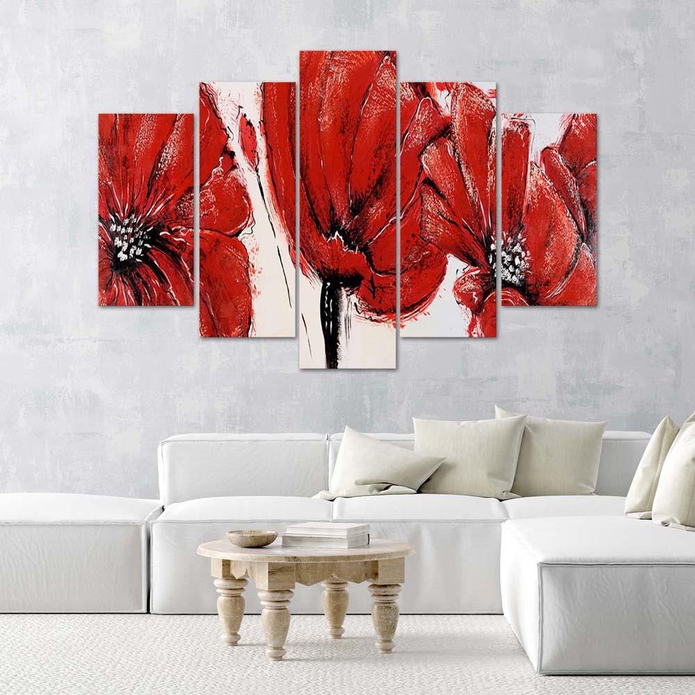 Lærred print 5 styk, Røde akryl blomster