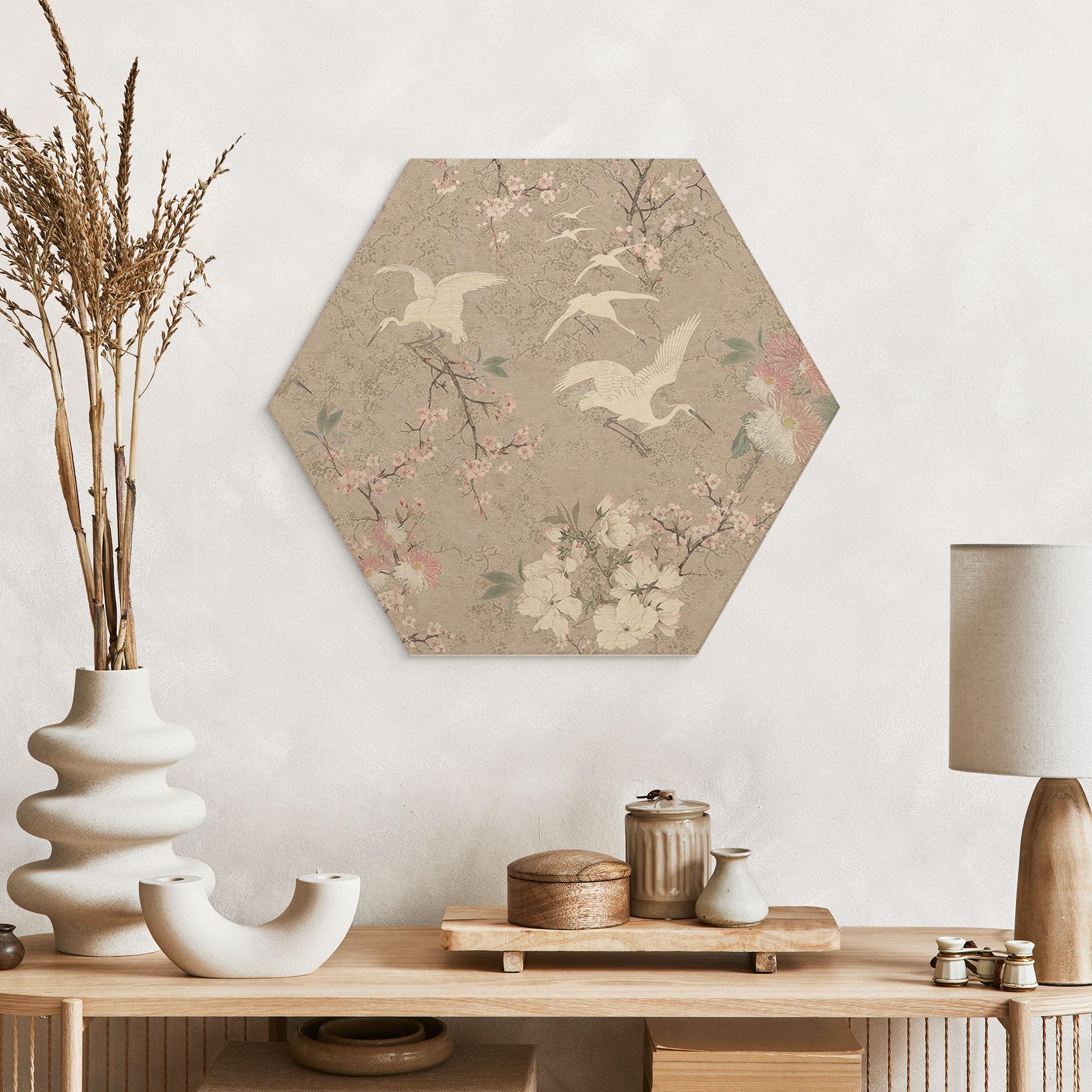 Sekskantet Billede af træ Kraner i Cherry Blossom Rush Beige - Bloomery Decor